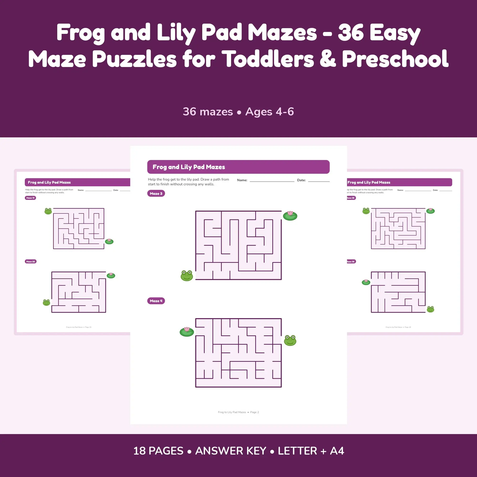 Frog and Lily Pad Mazes - 36 Easy Maze Puzzles for Toddlers & Preschool preview