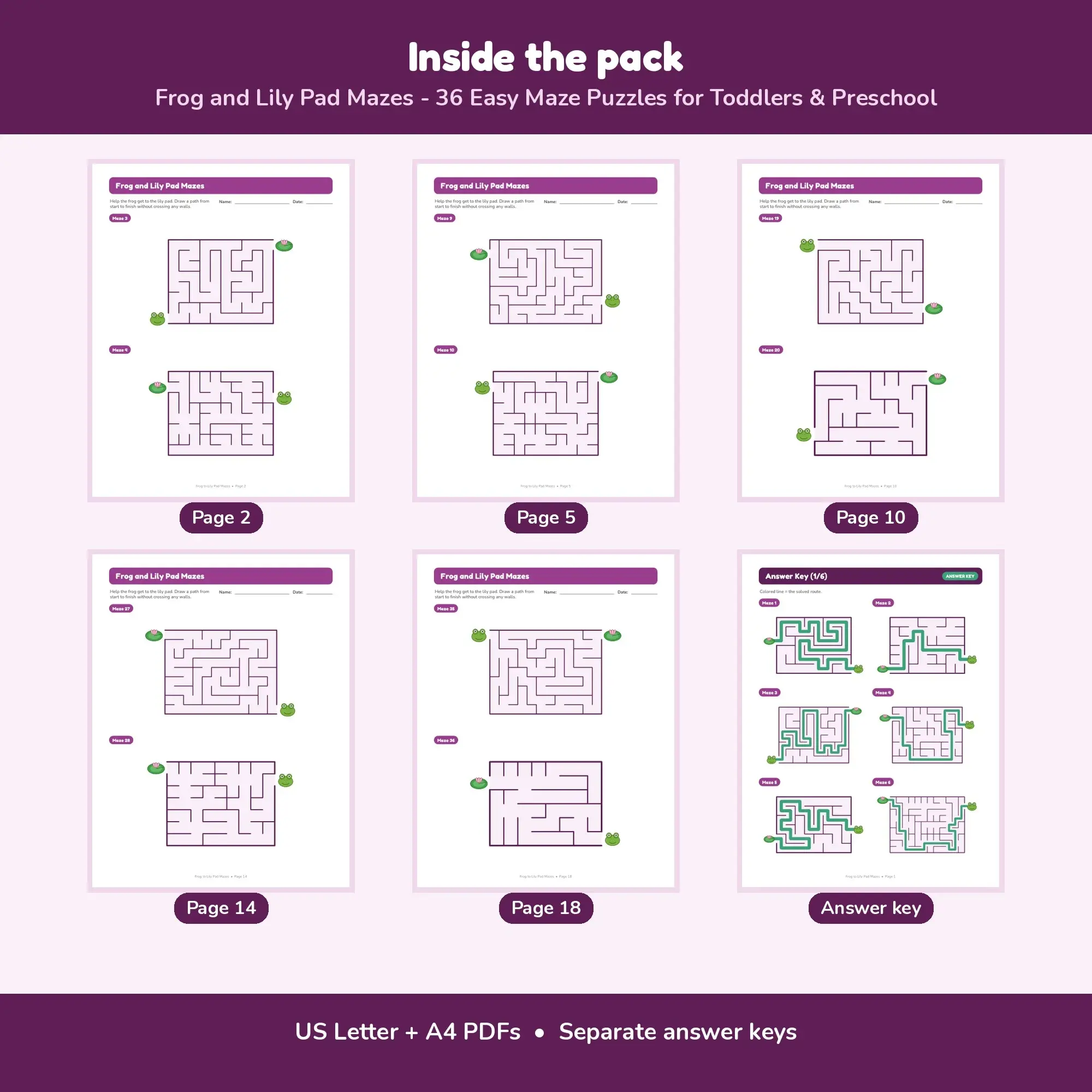 Frog and Lily Pad Mazes - 36 Easy Maze Puzzles for Toddlers & Preschool, preview 2 of 2