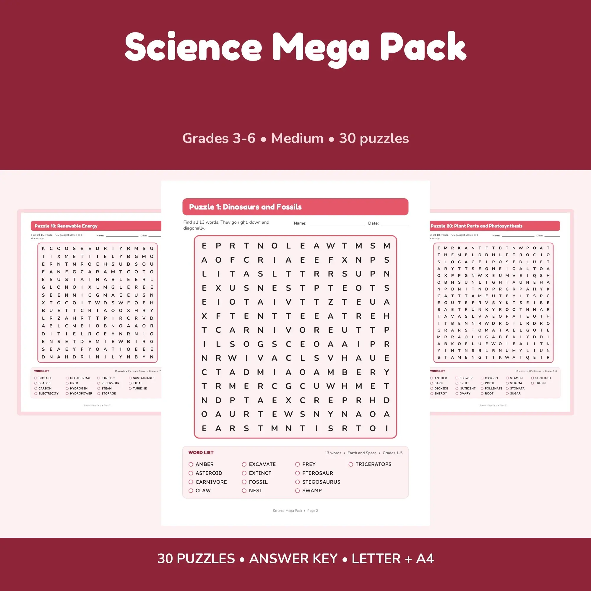 Science Mega Pack: 30 Word Search Puzzles for Kids, Grades 3-6 (Letter + A4) preview