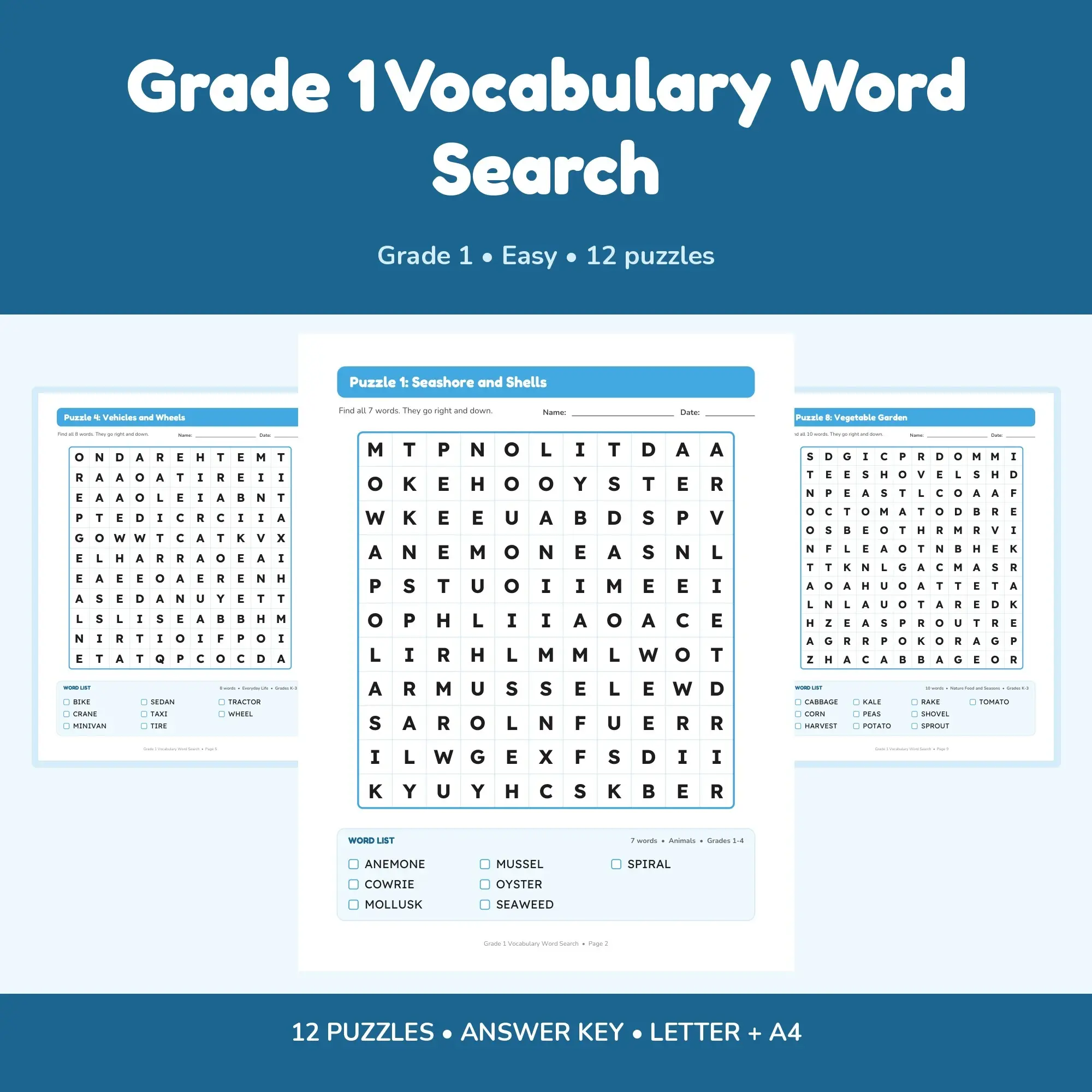 12 Grade 1 Vocabulary Word Search Puzzles - Printable PDF + Key preview