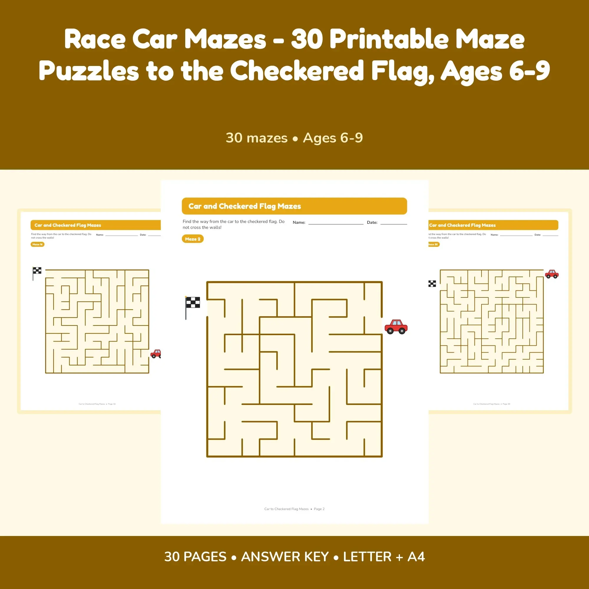 Race Car Mazes - 30 Printable Maze Puzzles to the Checkered Flag, Ages 6-9 preview