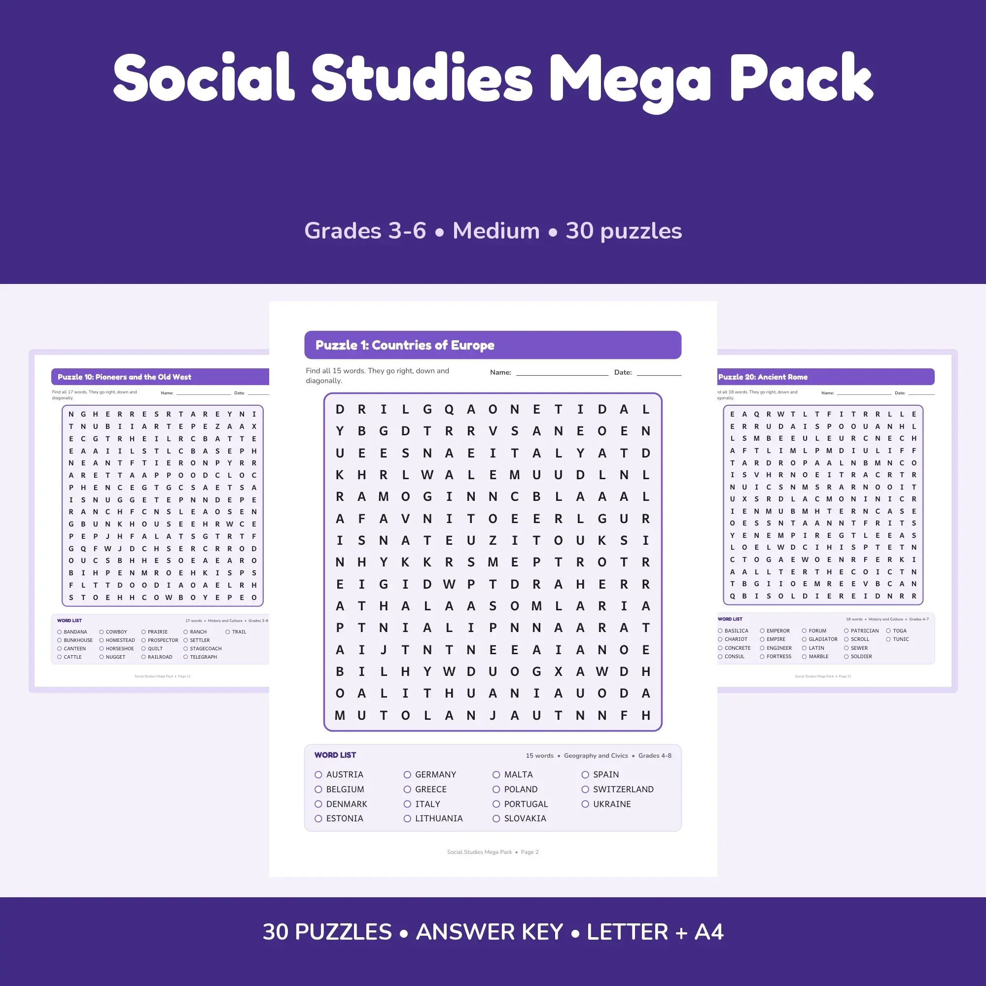 Social Studies Mega Pack: 30 Word Search Puzzles for Kids, Grades 3-6 (Letter + A4) preview