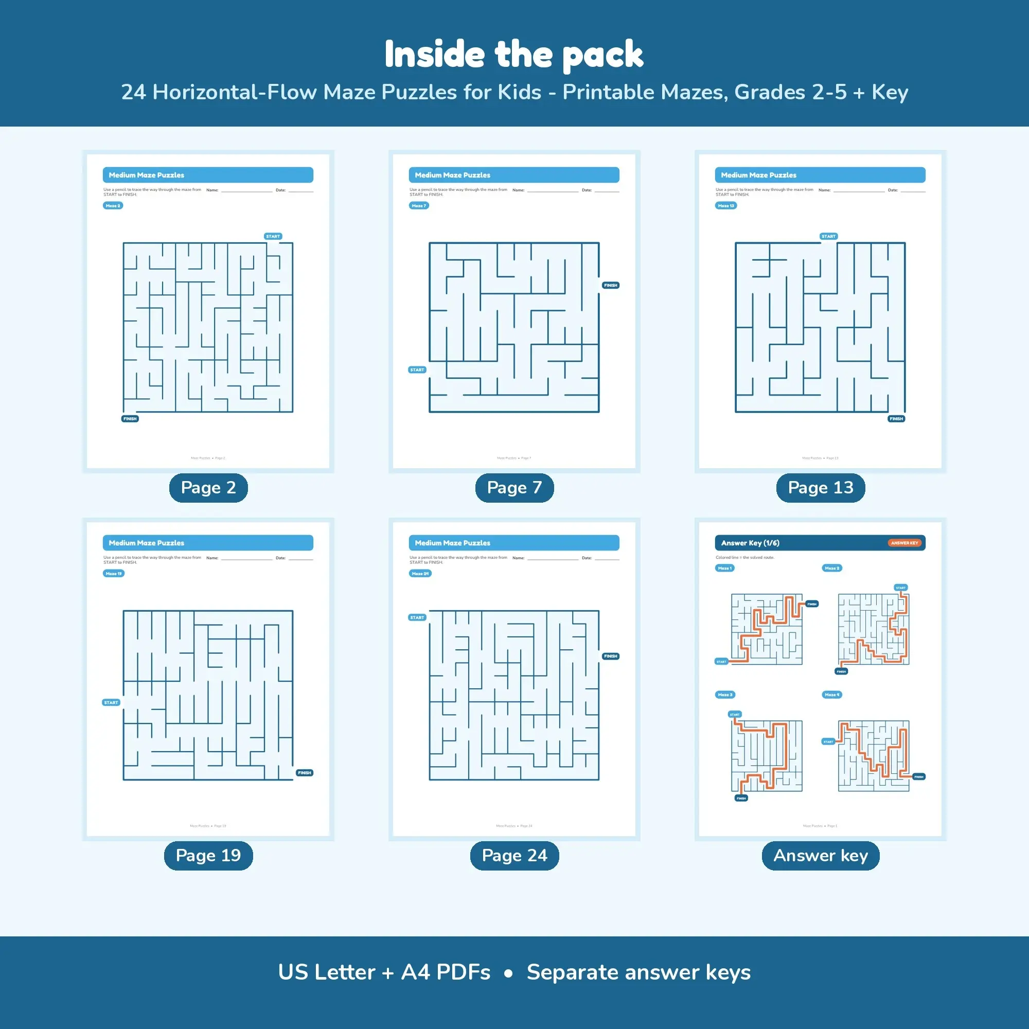 24 Horizontal-Flow Maze Puzzles for Kids - Printable Mazes, Grades 2-5 + Key, preview 2 of 2