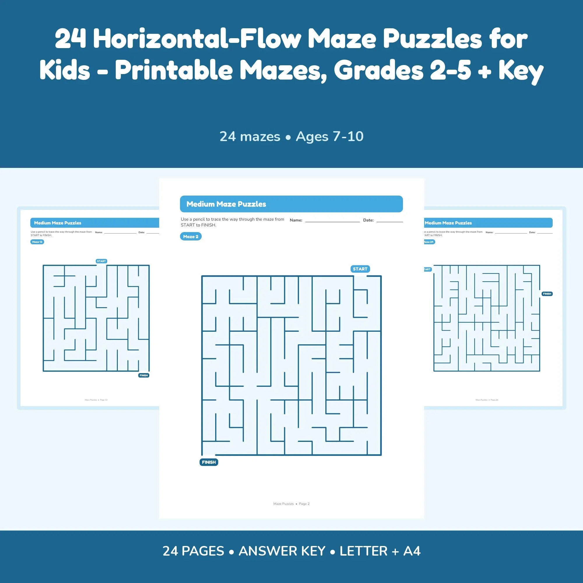 24 Horizontal-Flow Maze Puzzles for Kids - Printable Mazes, Grades 2-5 + Key preview