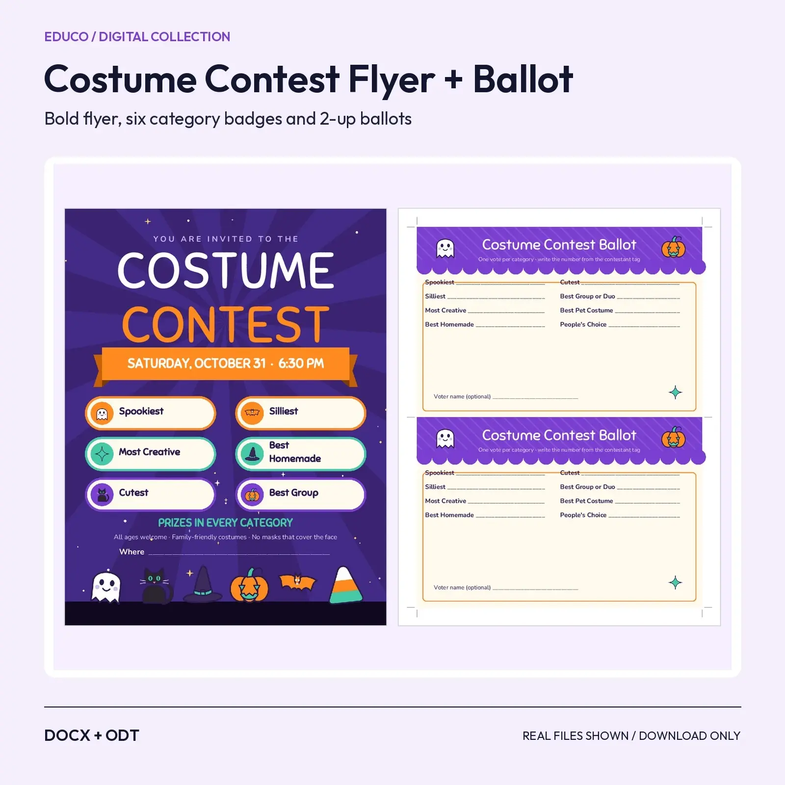 Costume Contest Flyer and Category Ballot Templates – Spooky Cute Party Printables, Editable DOCX and ODT preview