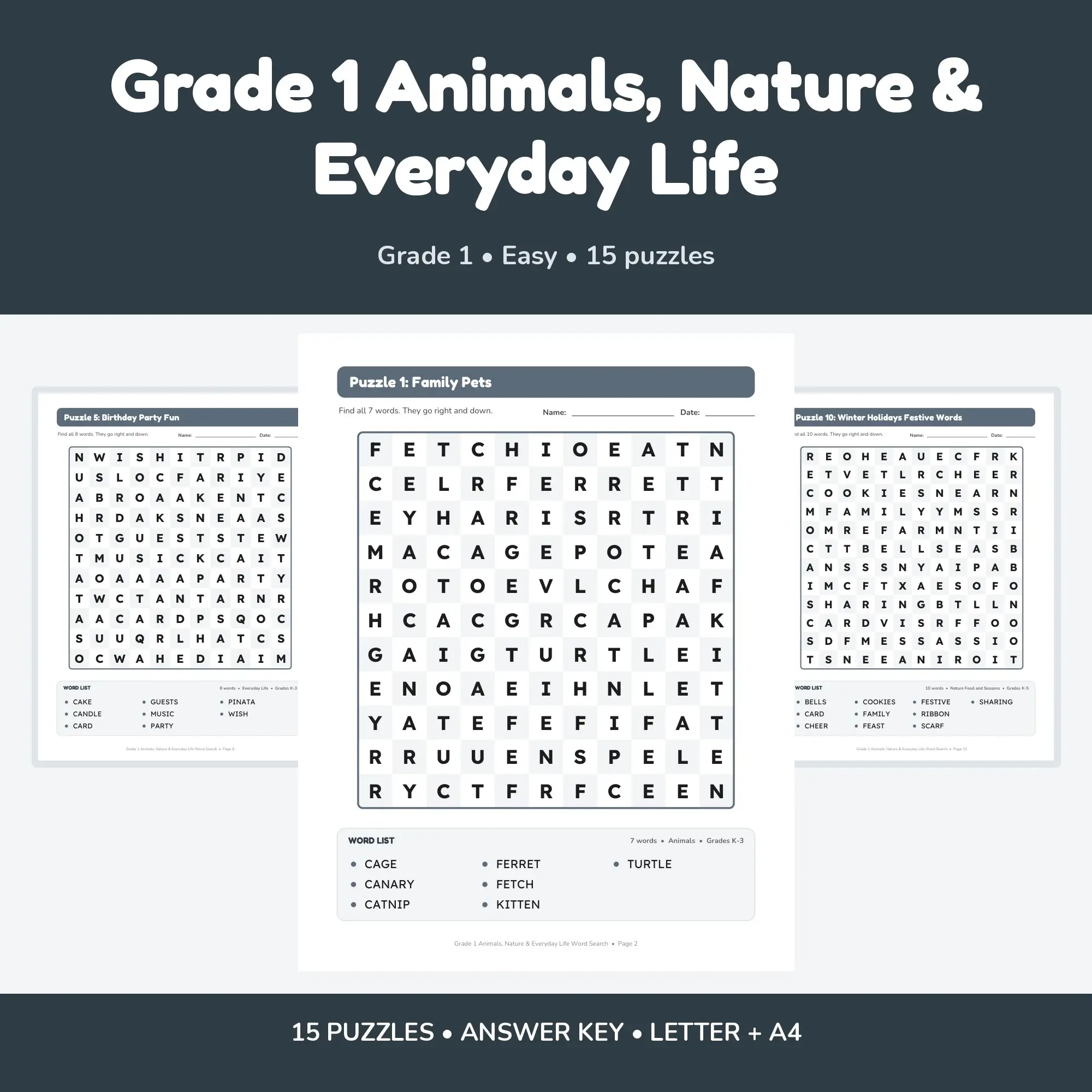 Grade 1 Animals, Nature & Everyday Life Word Search Pack - 15 Printable Puzzles with Answer Key preview