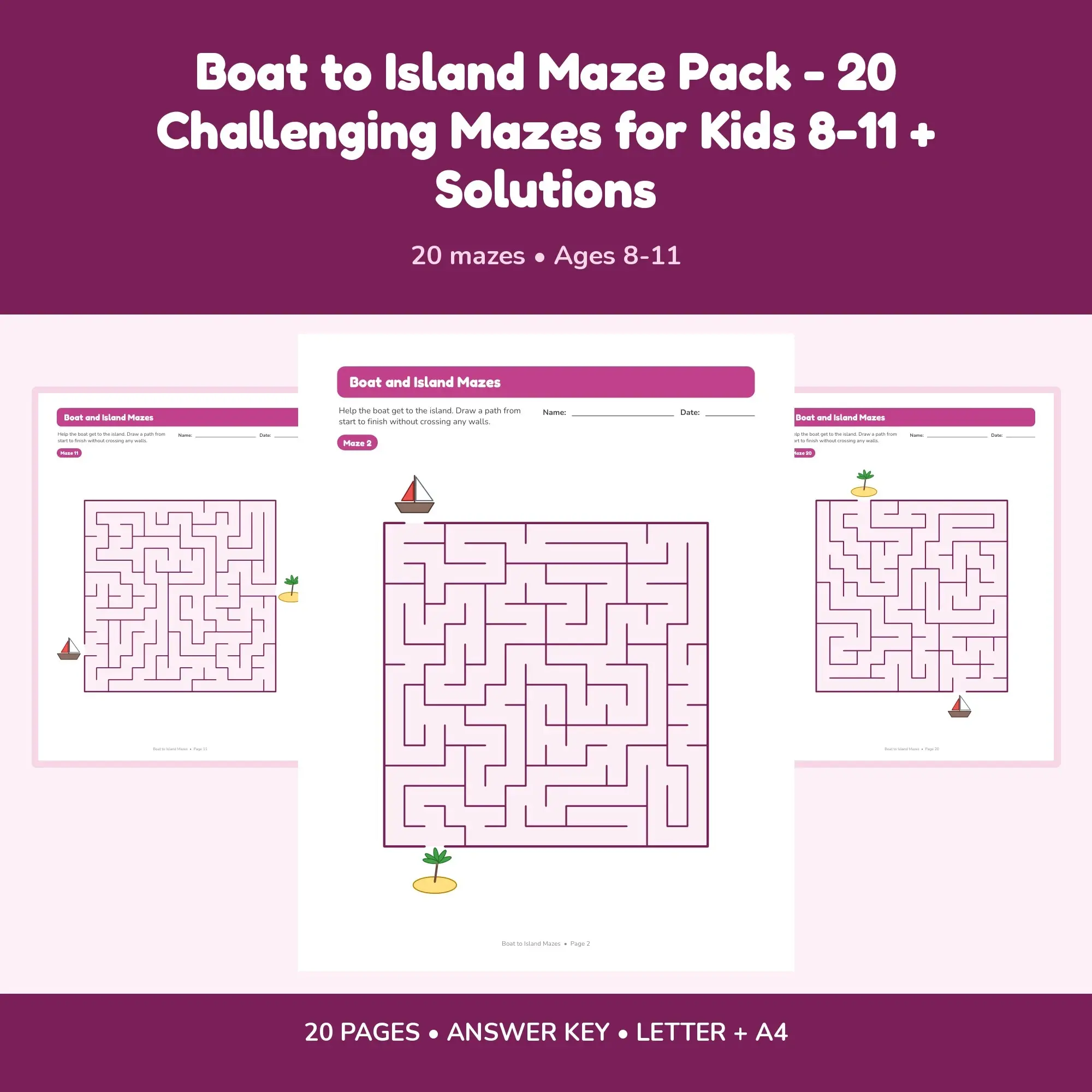 Boat to Island Maze Pack - 20 Challenging Mazes for Kids 8-11 + Solutions preview