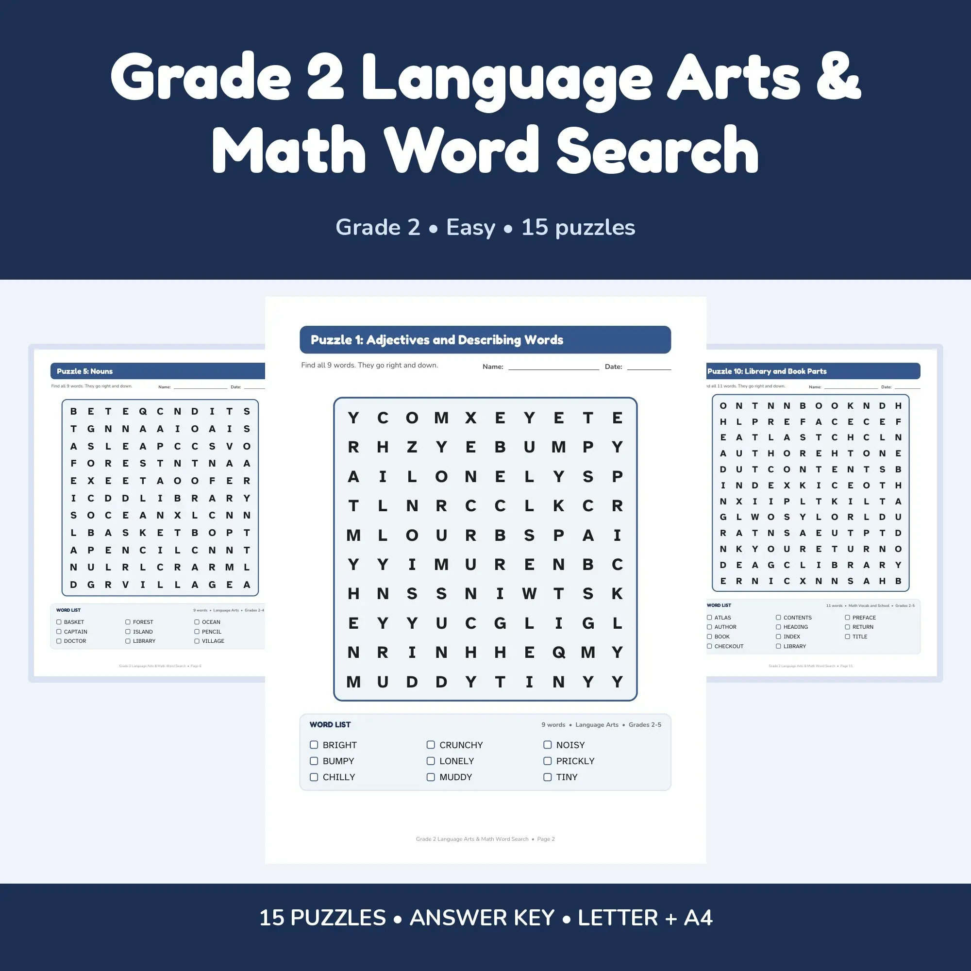 15 Grade 2 Language Arts & Math Word Search Puzzles - Printable PDF + Key preview