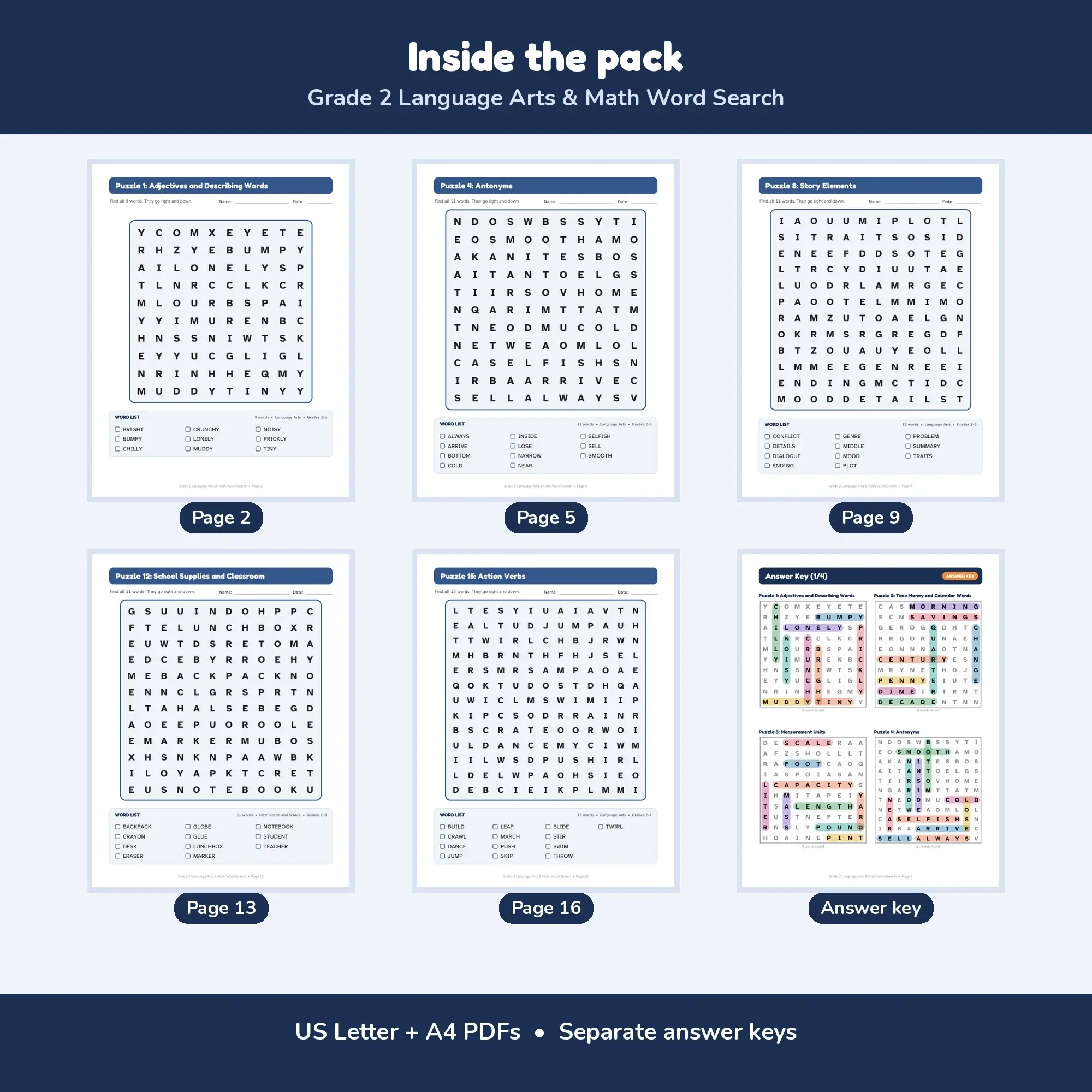 15 Grade 2 Language Arts & Math Word Search Puzzles - Printable PDF + Key, preview 2 of 2
