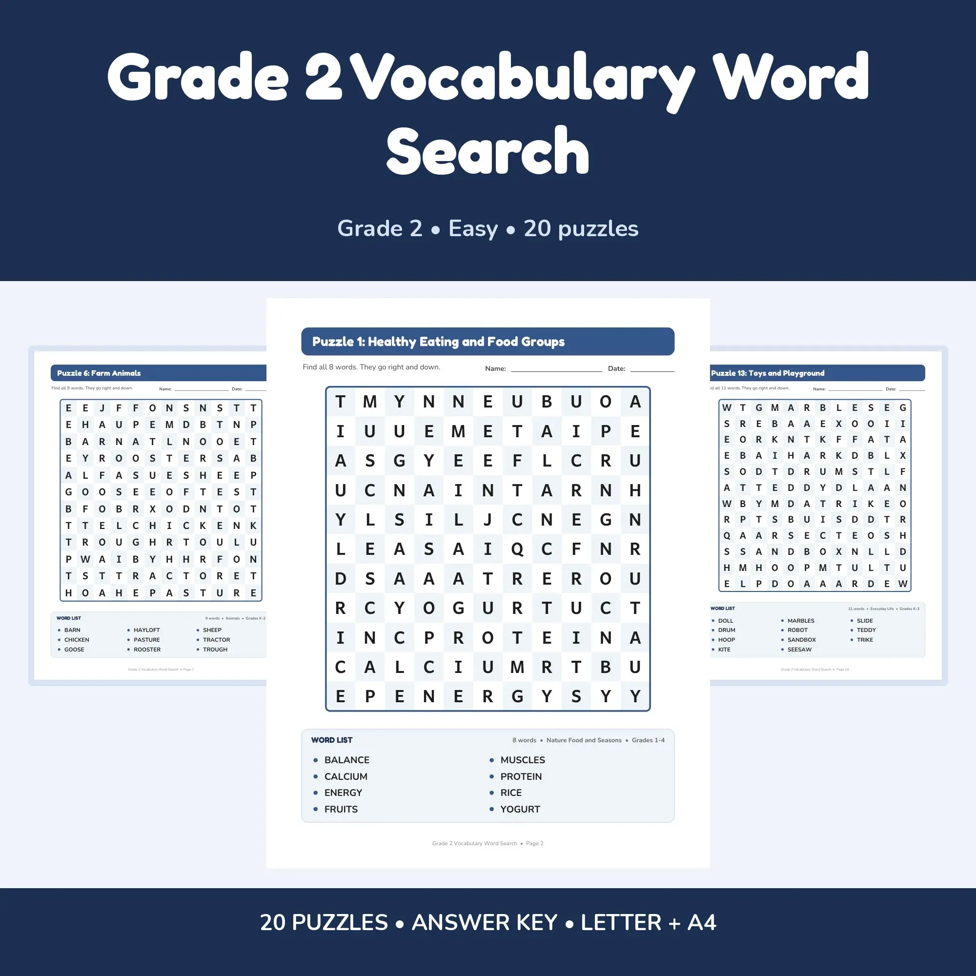 Grade 2 Vocabulary Word Search Pack - 20 Printable Puzzles with Answer Key preview