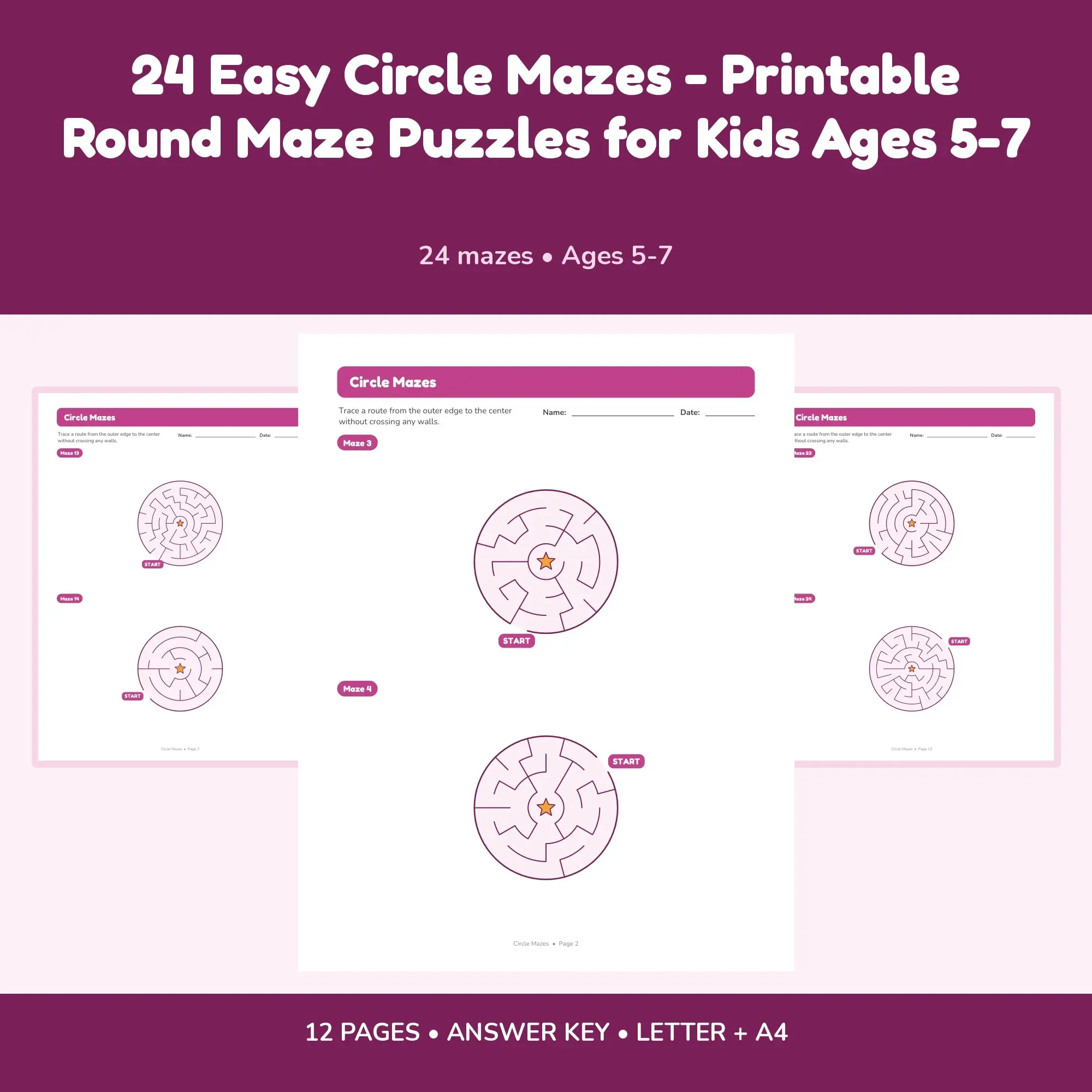 24 Easy Circle Mazes - Printable Round Maze Puzzles for Kids Ages 5-7 preview
