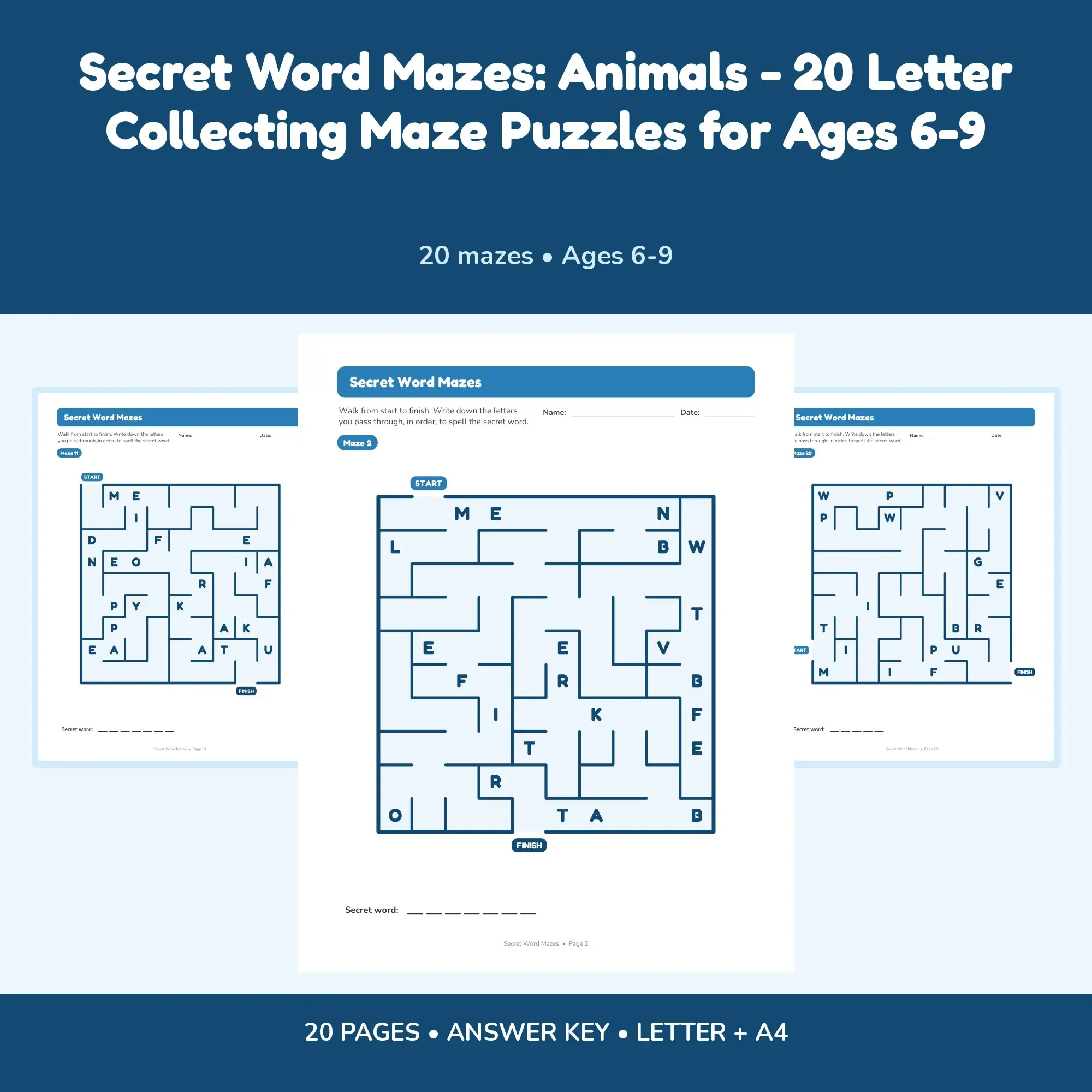Secret Word Mazes: Animals - 20 Letter Collecting Maze Puzzles for Ages 6-9, preview 1 of 2