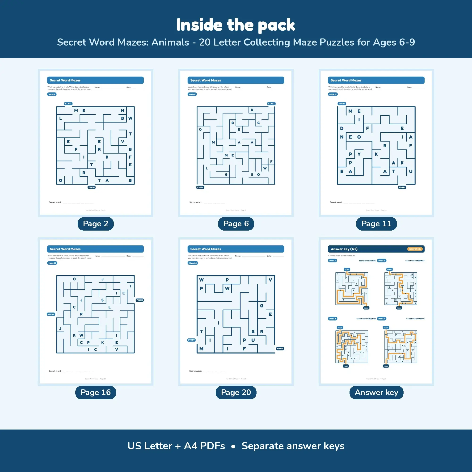 Secret Word Mazes: Animals - 20 Letter Collecting Maze Puzzles for Ages 6-9, preview 2 of 2