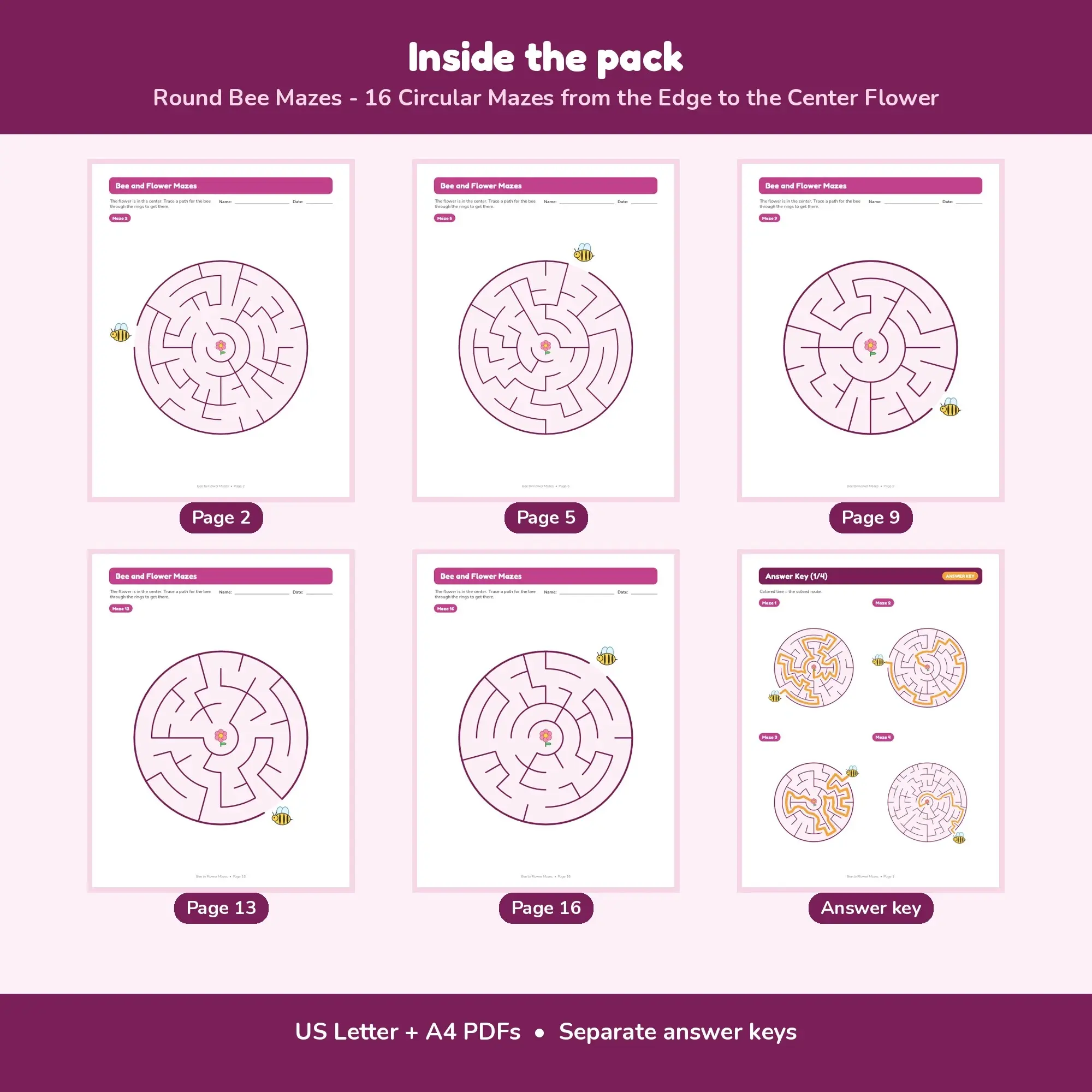 Round Bee Mazes - 16 Circular Mazes from the Edge to the Center Flower, preview 2 of 2