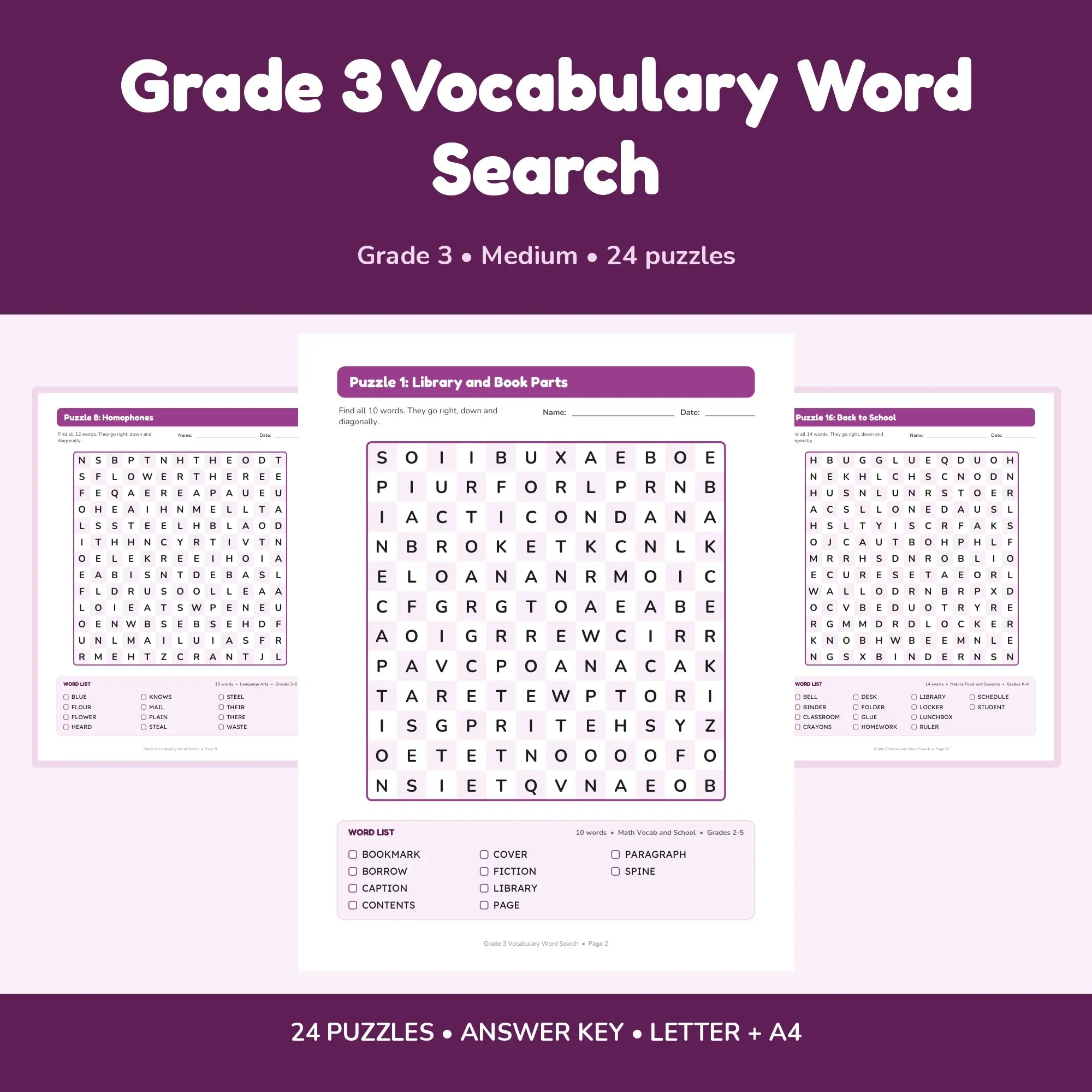 24 Grade 3 Vocabulary Word Search Puzzles - Printable PDF + Key preview
