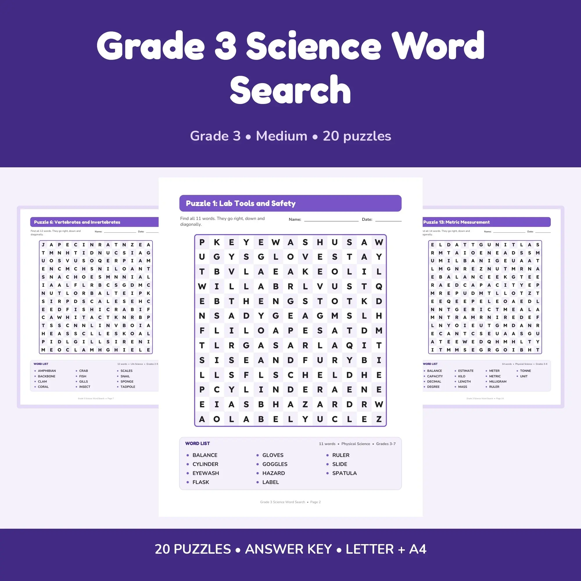 Grade 3 Science Word Search Pack - 20 Printable Puzzles with Answer Key preview