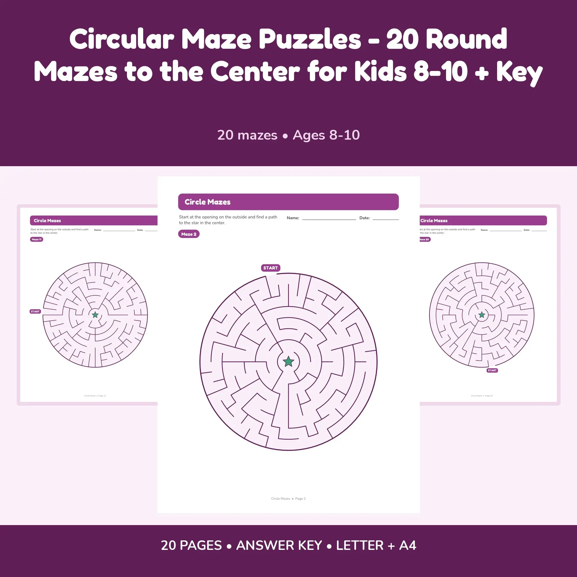 Circular Maze Puzzles - 20 Round Mazes to the Center for Kids 8-10 + Key, preview 1 of 2
