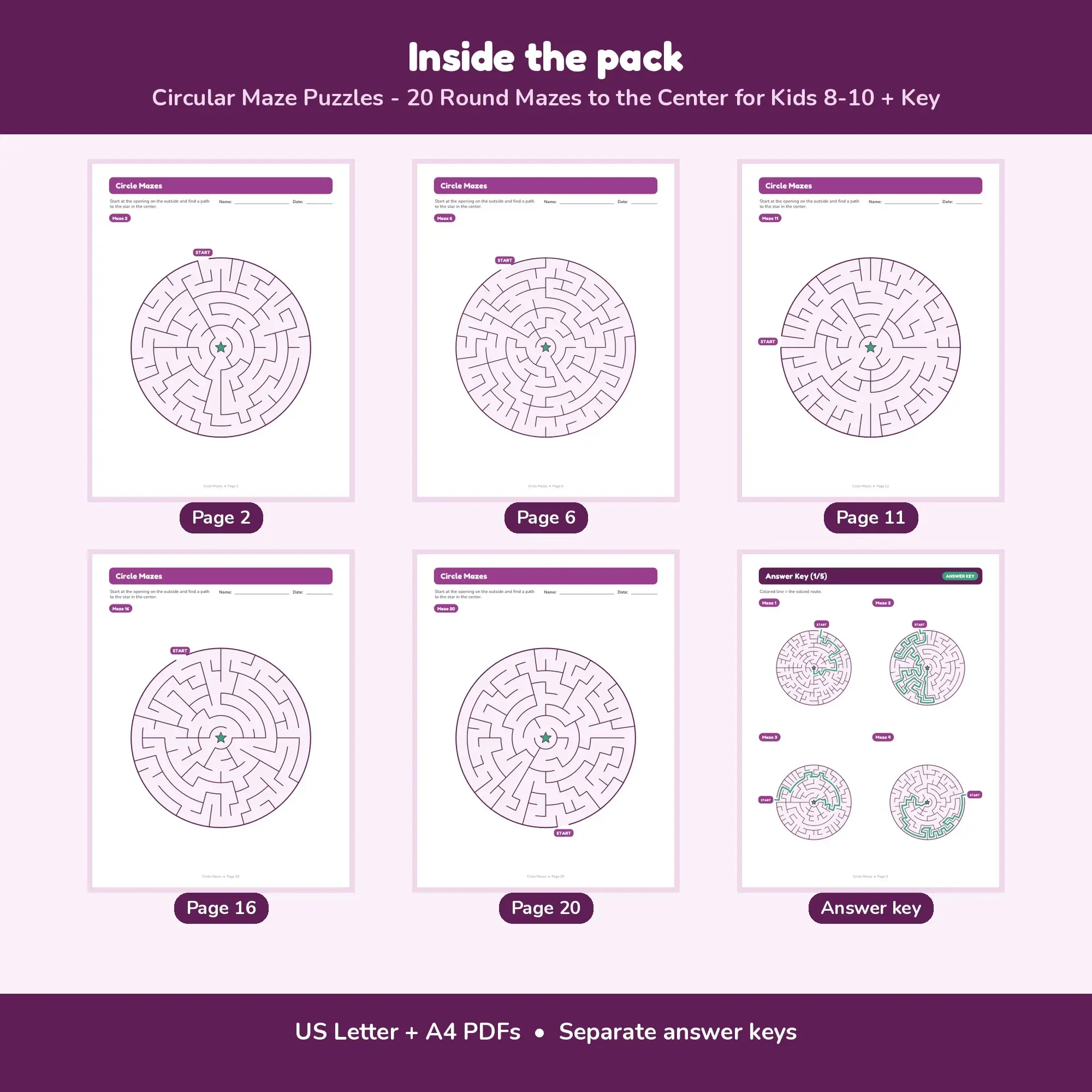 Circular Maze Puzzles - 20 Round Mazes to the Center for Kids 8-10 + Key, preview 2 of 2