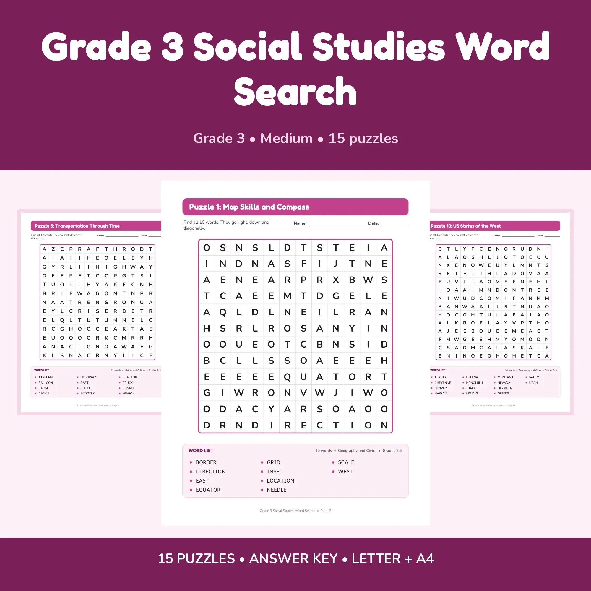 Grade 3 Social Studies Word Search - 15 Puzzles + Answer Key preview