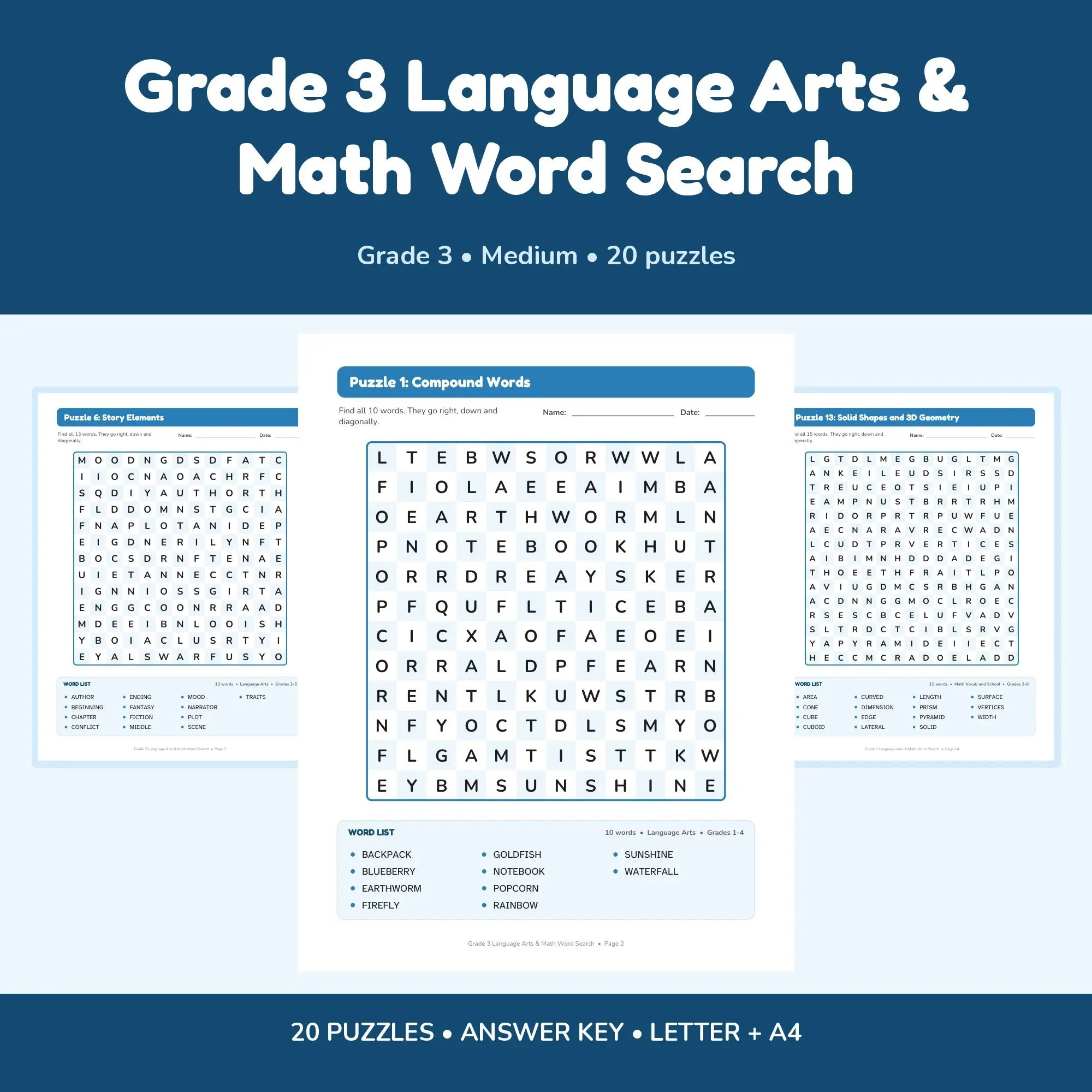 Grade 3 Language Arts & Math Word Search - 20 Puzzles + Answer Key preview