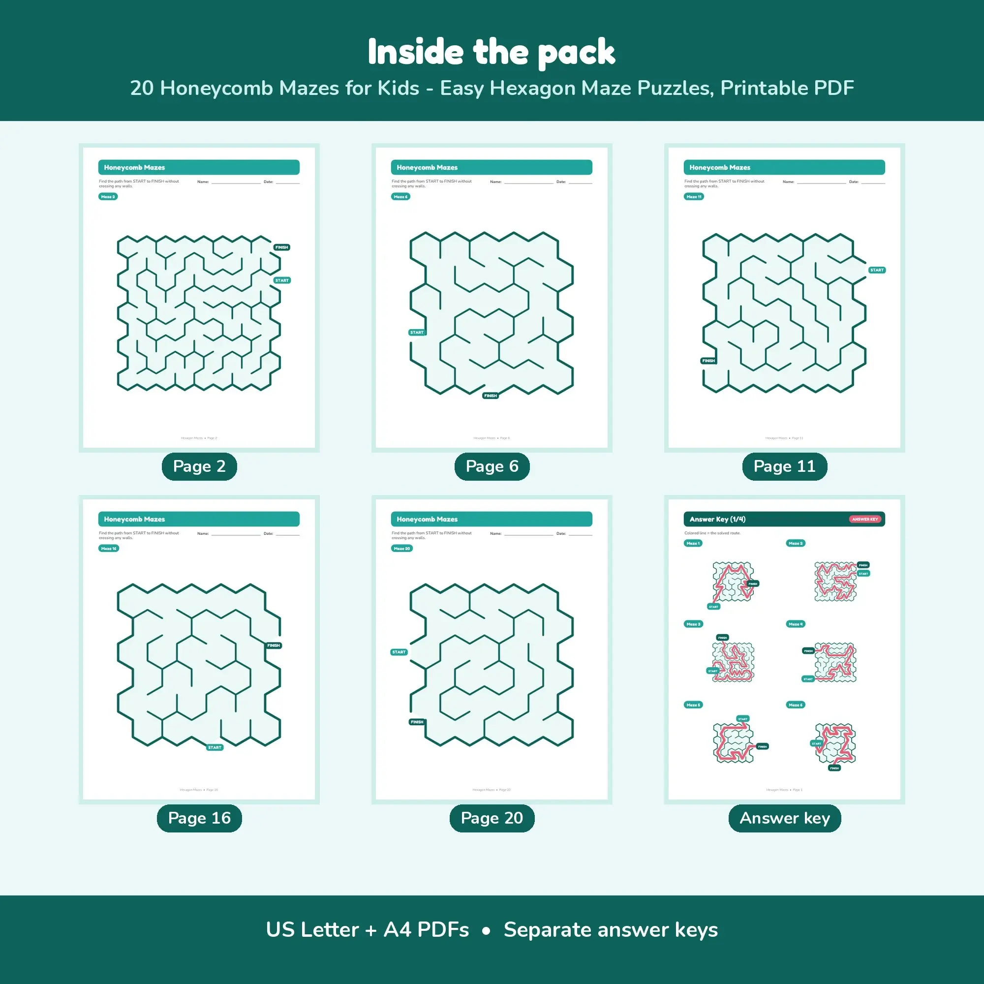 20 Honeycomb Mazes for Kids - Easy Hexagon Maze Puzzles, Printable PDF, preview 2 of 2
