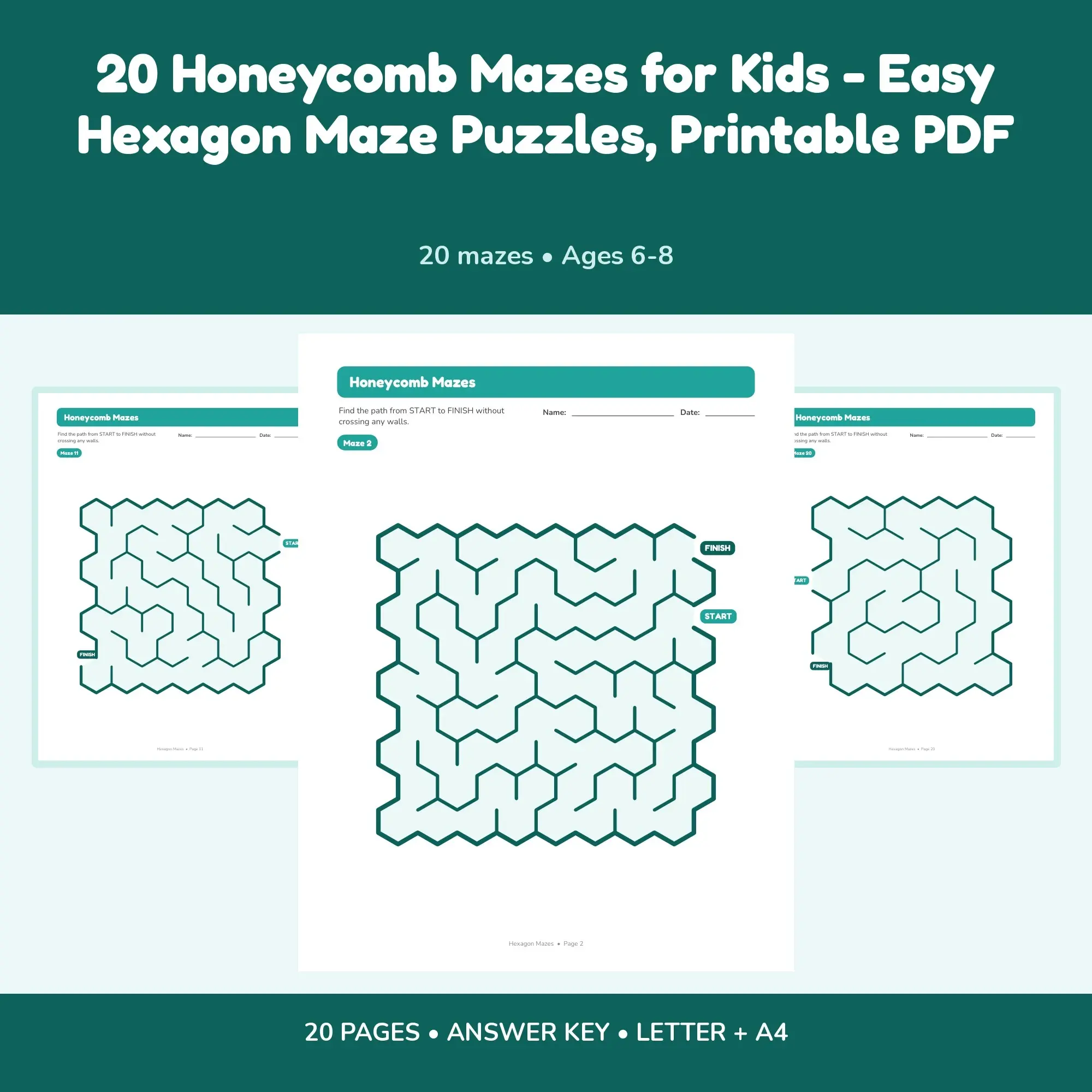 20 Honeycomb Mazes for Kids - Easy Hexagon Maze Puzzles, Printable PDF, preview 1 of 2