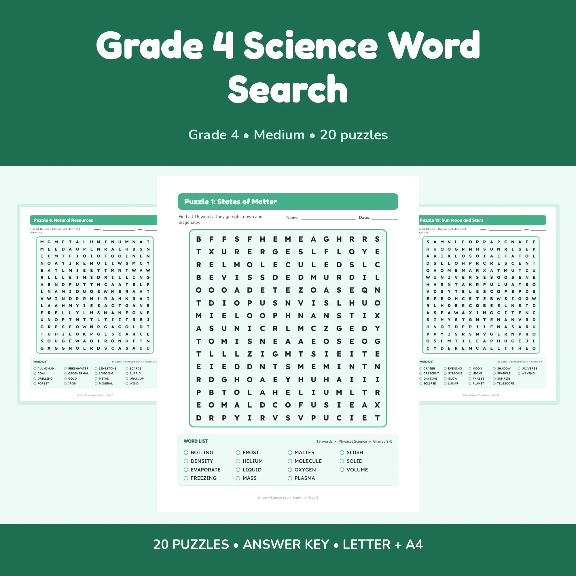 Grade 4 Science Word Search Pack - 20 Printable Puzzles with Answer Key preview