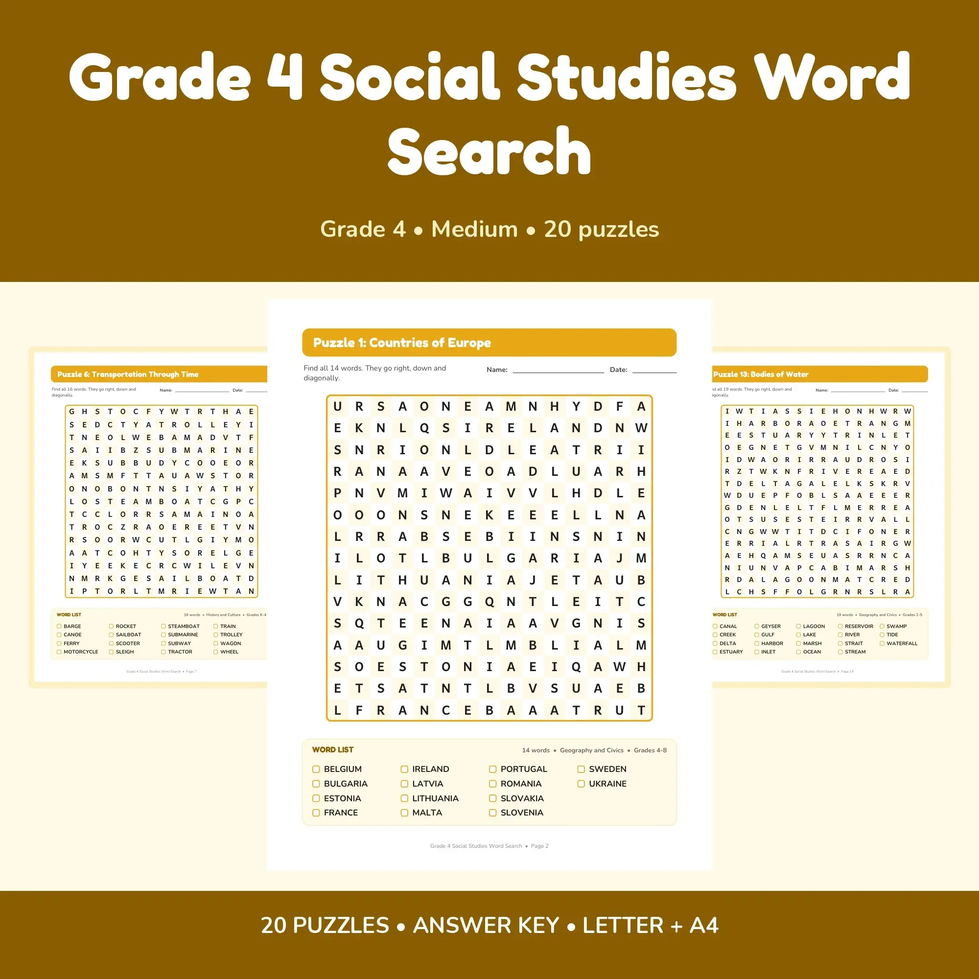 20 Grade 4 Social Studies Word Search Puzzles - Printable PDF + Key preview