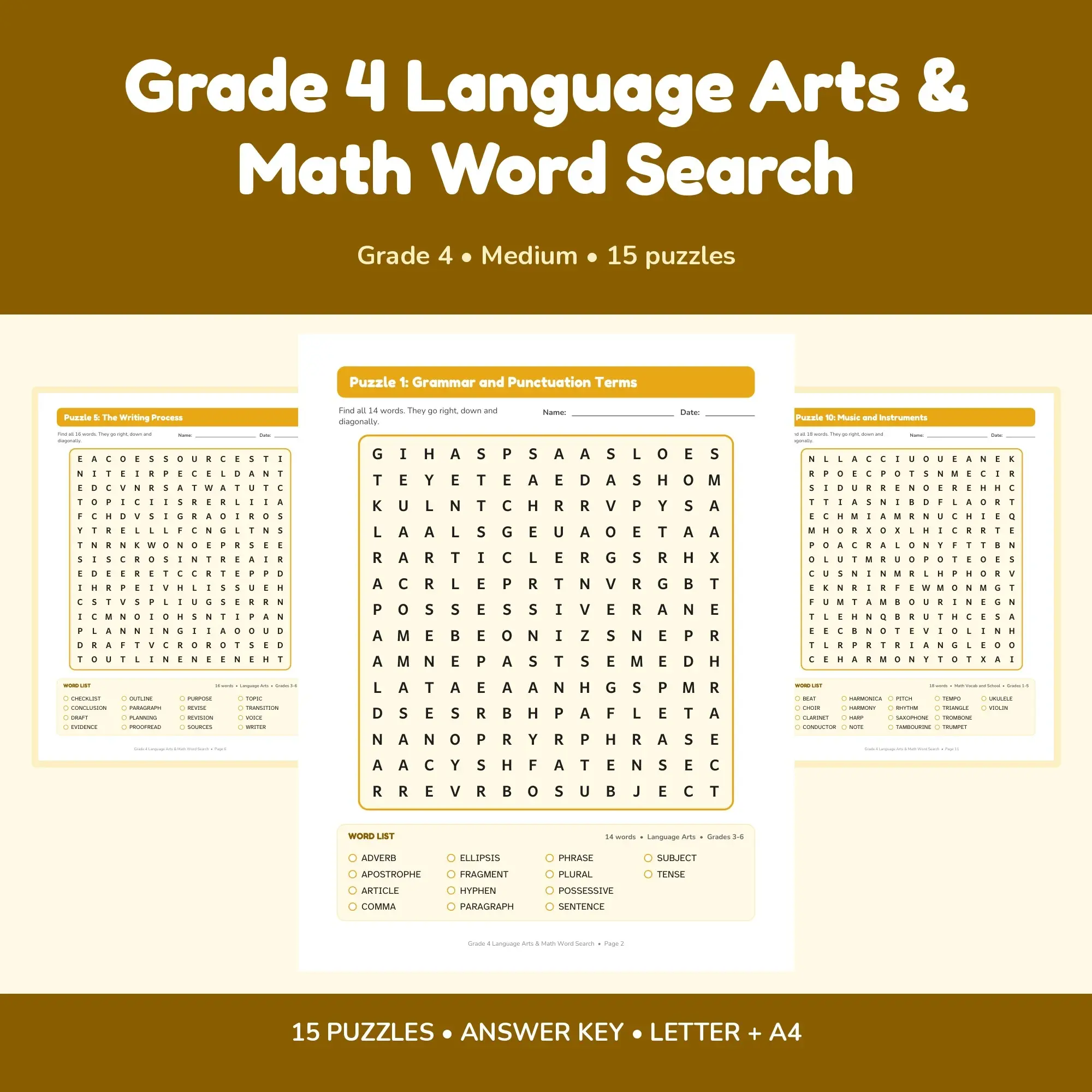 Grade 4 Language Arts & Math Word Search - 15 Puzzles + Answer Key preview