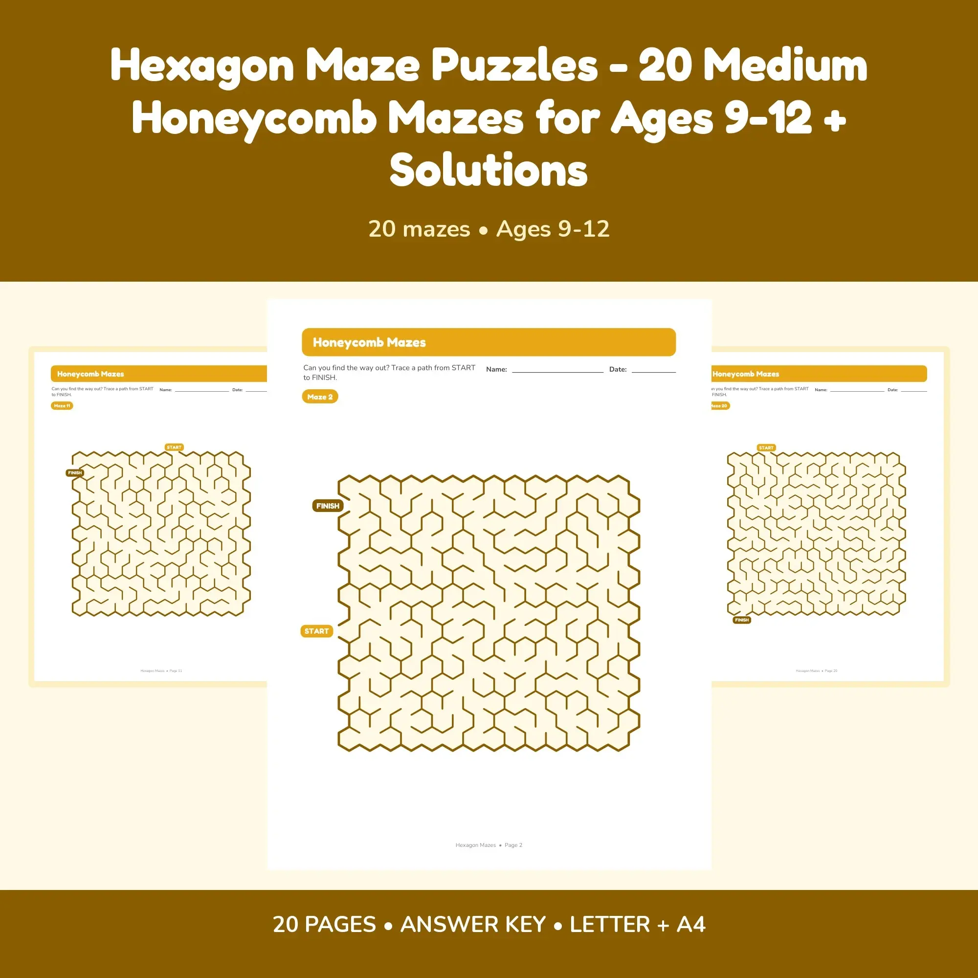 Hexagon Maze Puzzles - 20 Medium Honeycomb Mazes for Ages 9-12 + Solutions preview