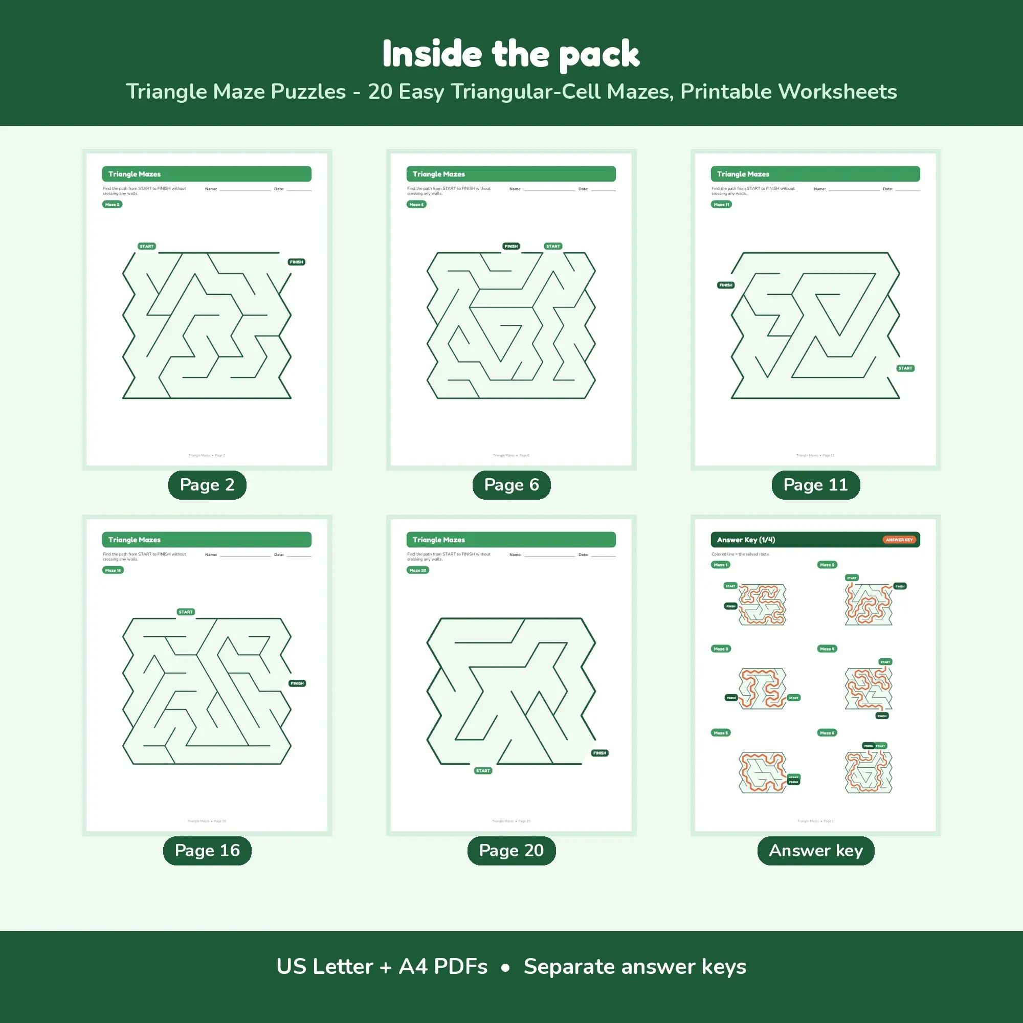 Triangle Maze Puzzles - 20 Easy Triangular-Cell Mazes, Printable Worksheets, preview 2 of 2