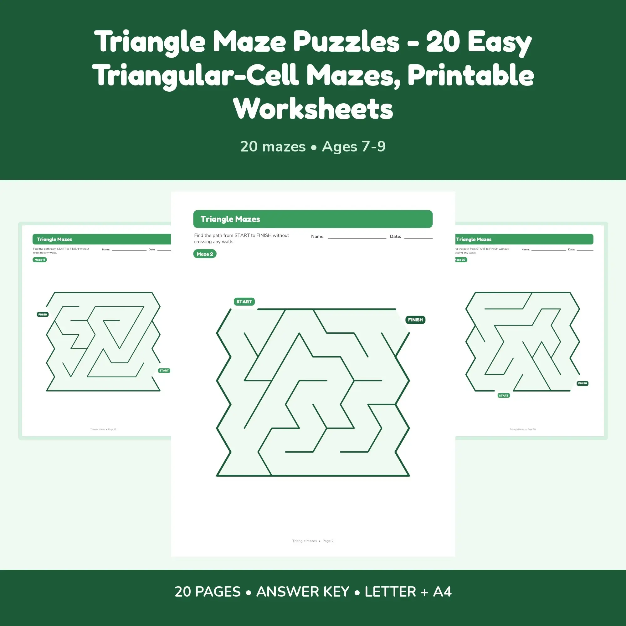 Triangle Maze Puzzles - 20 Easy Triangular-Cell Mazes, Printable Worksheets, preview 1 of 2