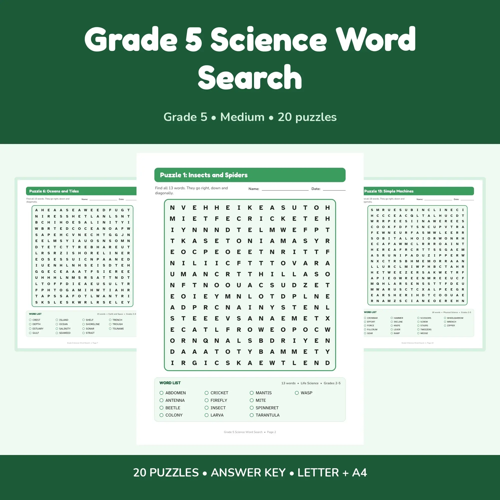 20 Grade 5 Science Word Search Puzzles - Printable PDF + Key preview