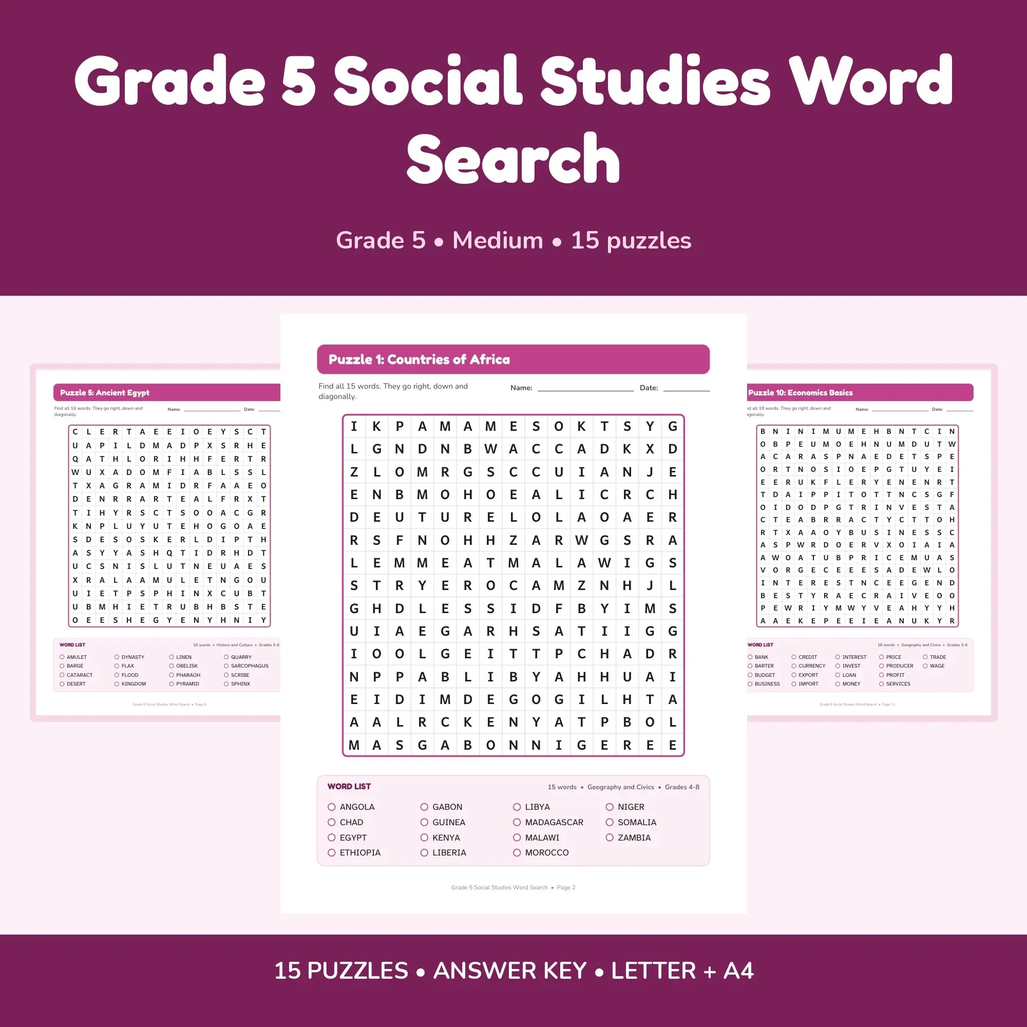 15 Grade 5 Social Studies Word Search Puzzles - Printable PDF + Key preview