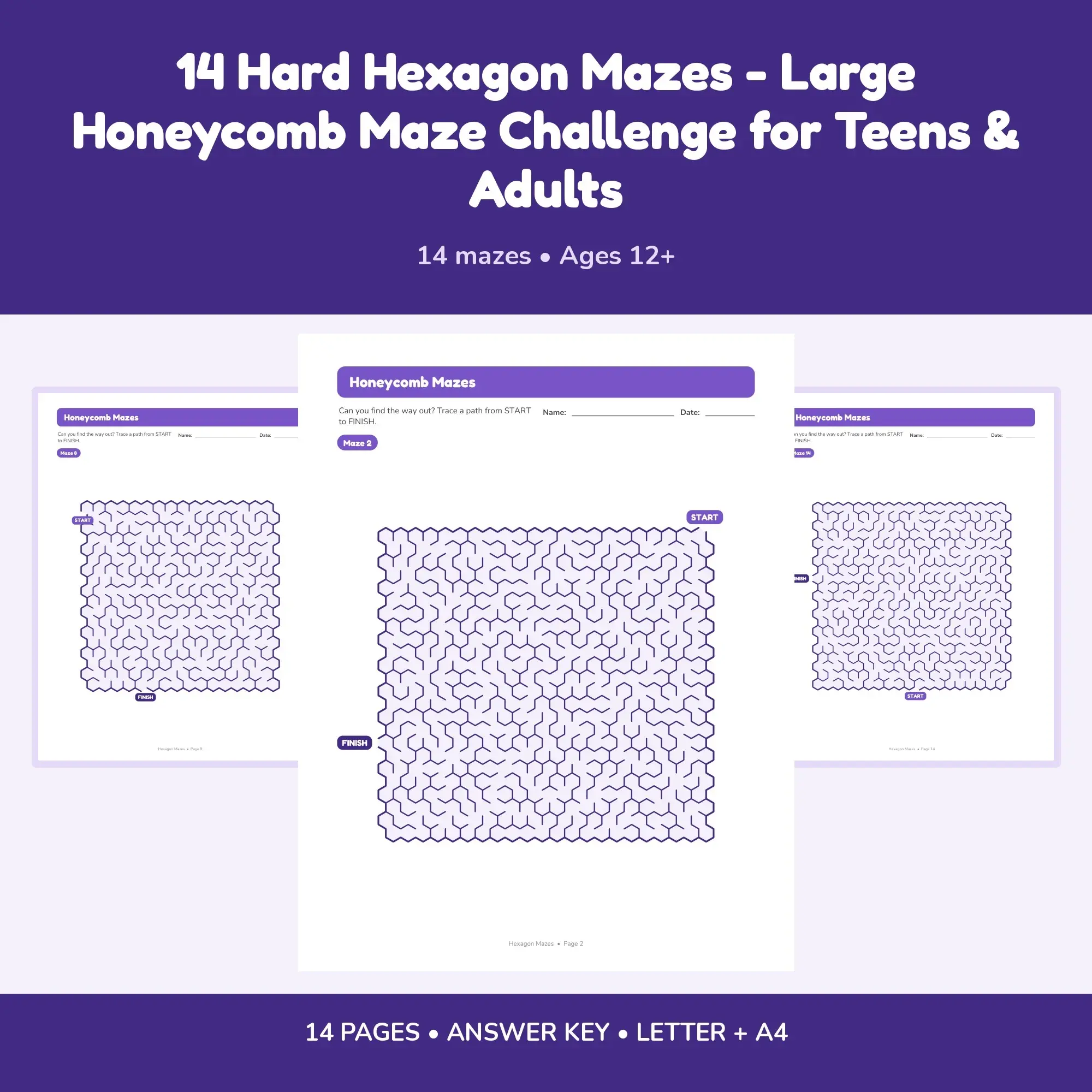 14 Hard Hexagon Mazes - Large Honeycomb Maze Challenge for Teens & Adults preview
