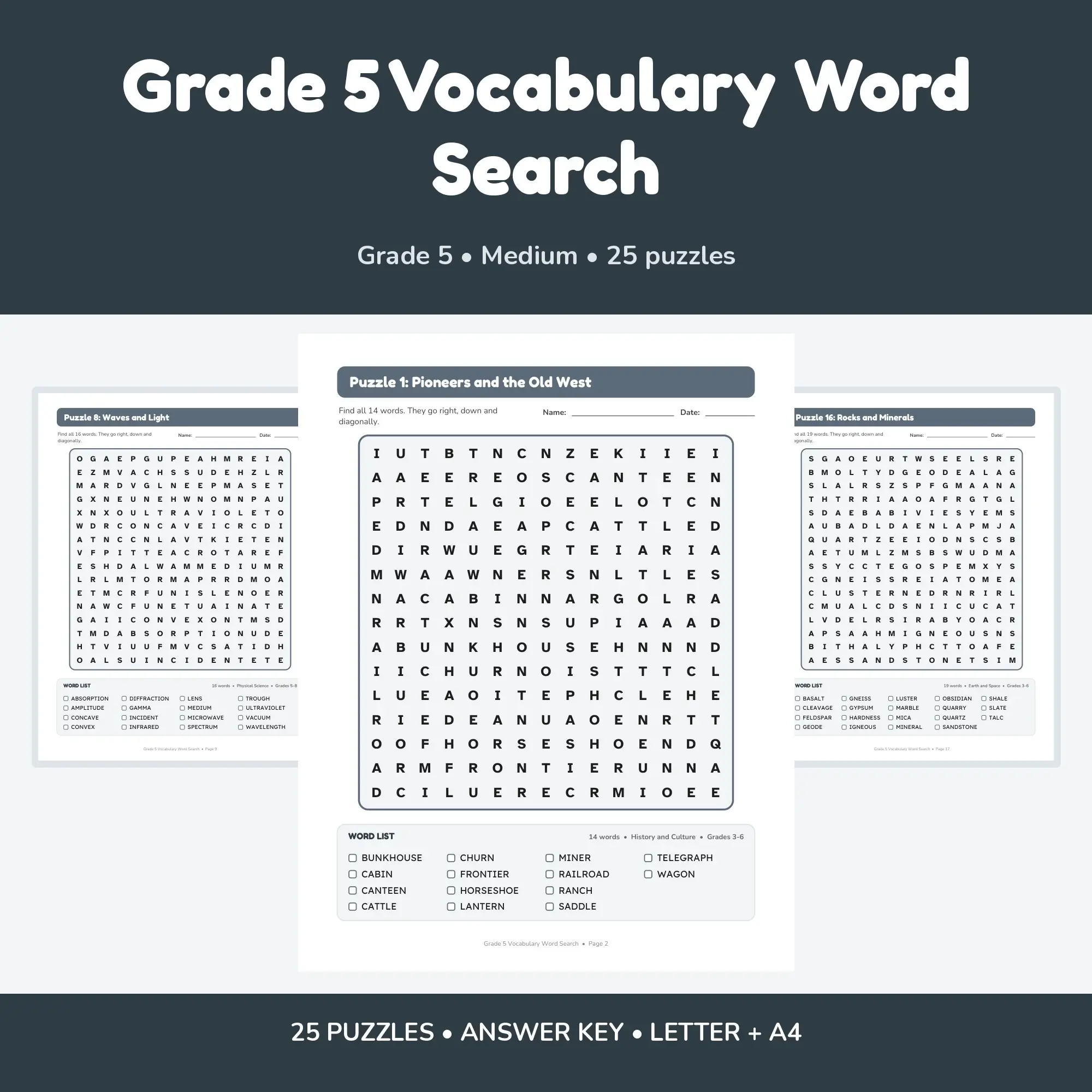 25 Grade 5 Vocabulary Word Search Puzzles - Printable PDF + Key preview