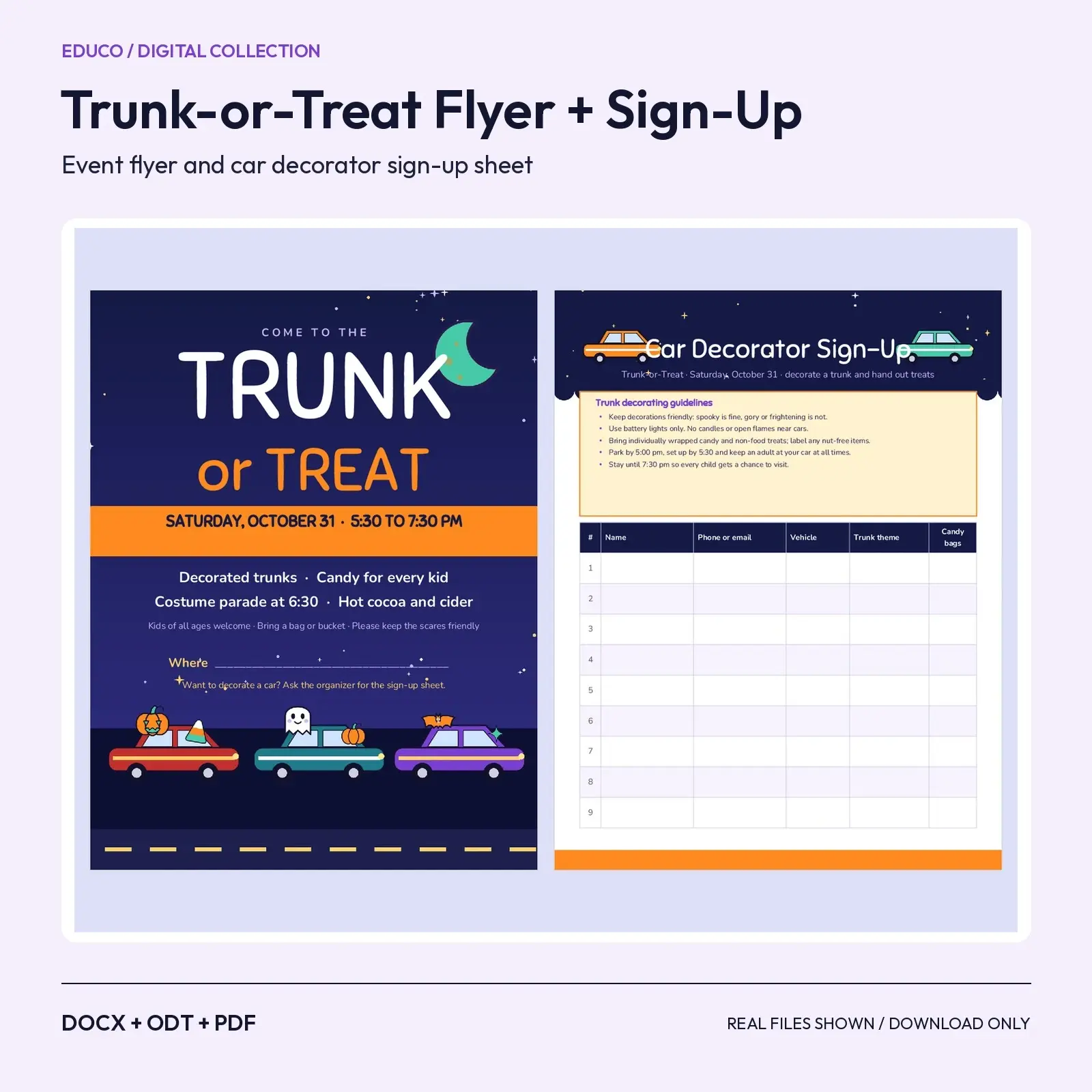 Trunk-or-Treat Event Flyer and Car Decorator Volunteer Sign-Up Sheet – Editable DOCX, ODT and PDF preview