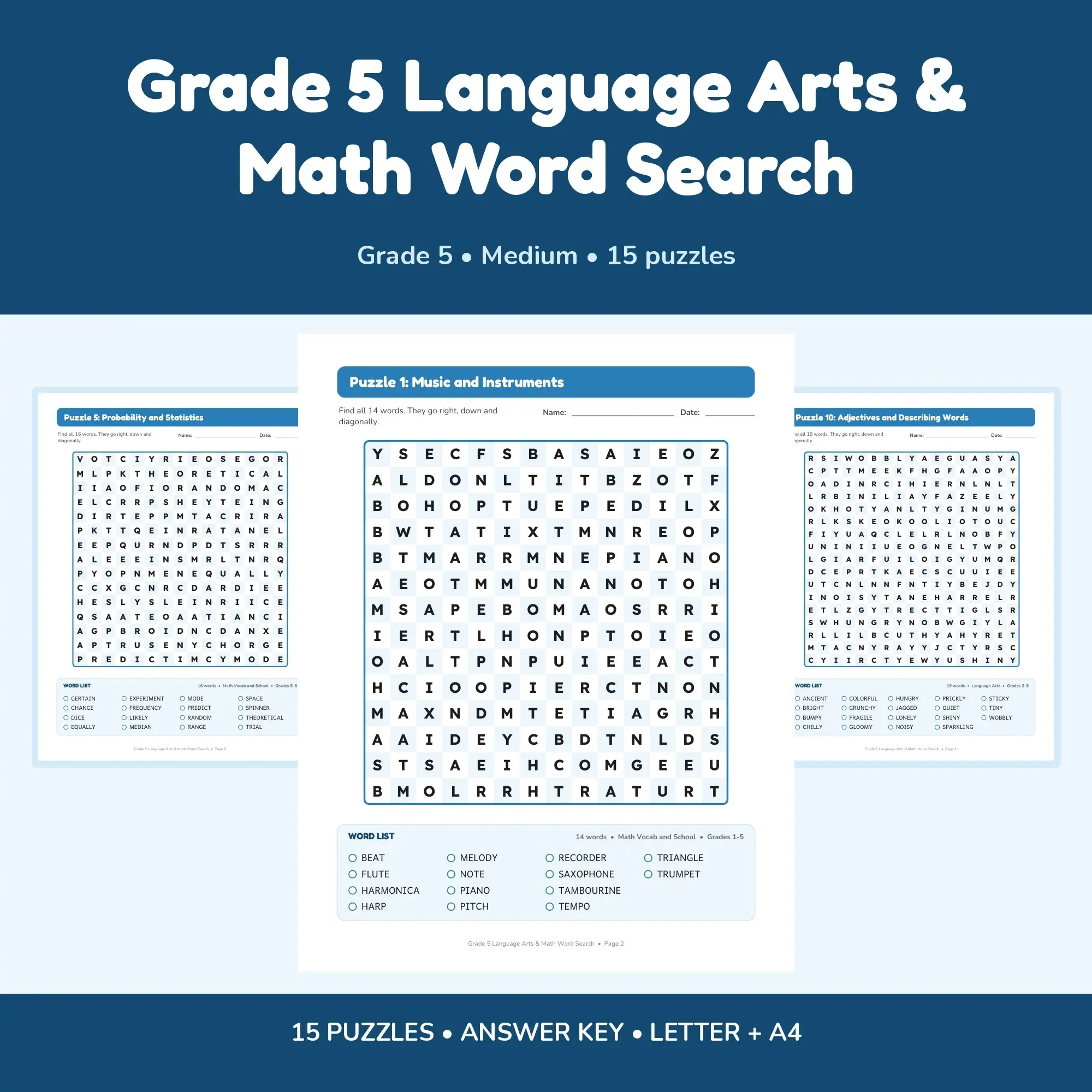 Grade 5 Language Arts & Math Word Search - 15 Puzzles + Answer Key preview