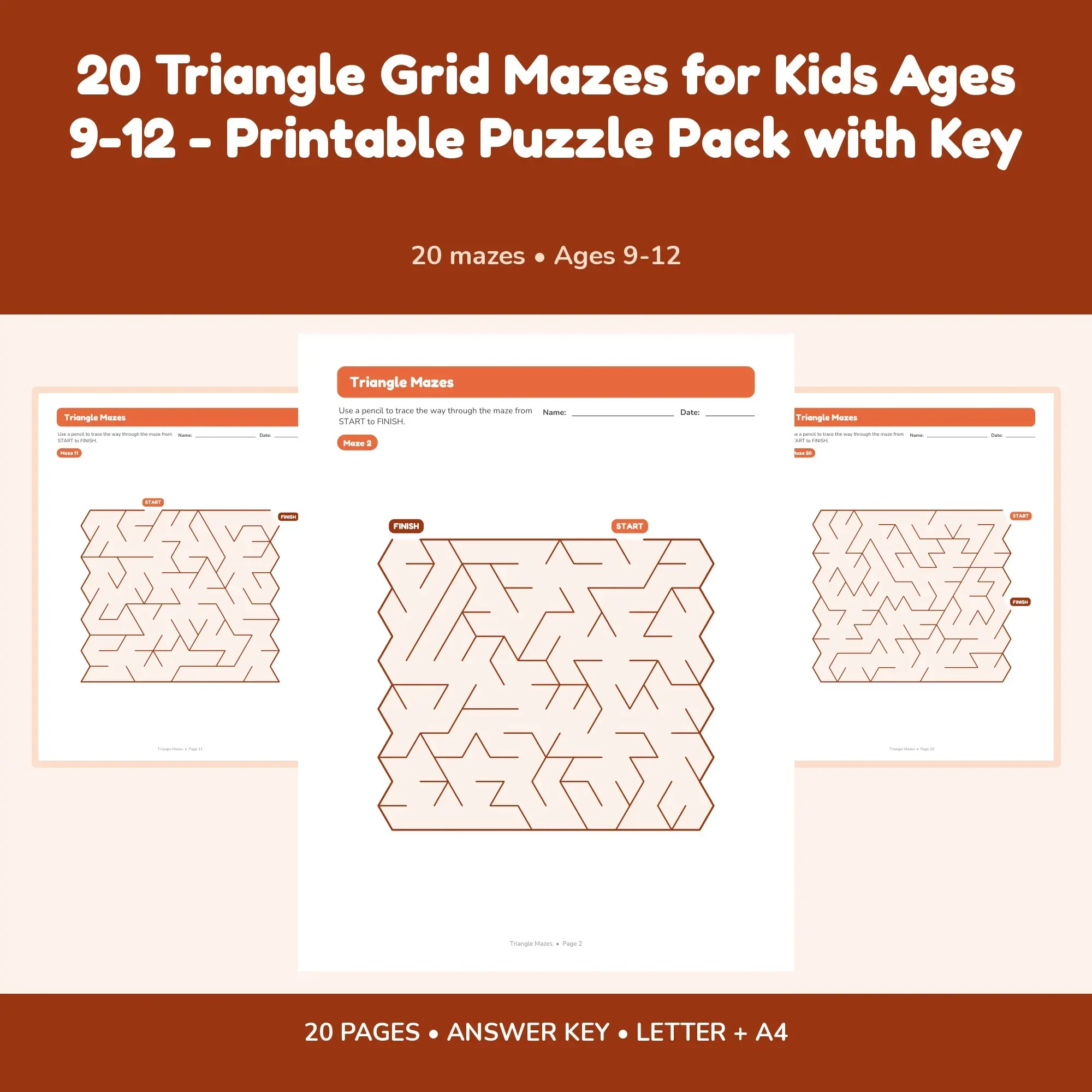 20 Triangle Grid Mazes for Kids Ages 9-12 - Printable Puzzle Pack with Key preview