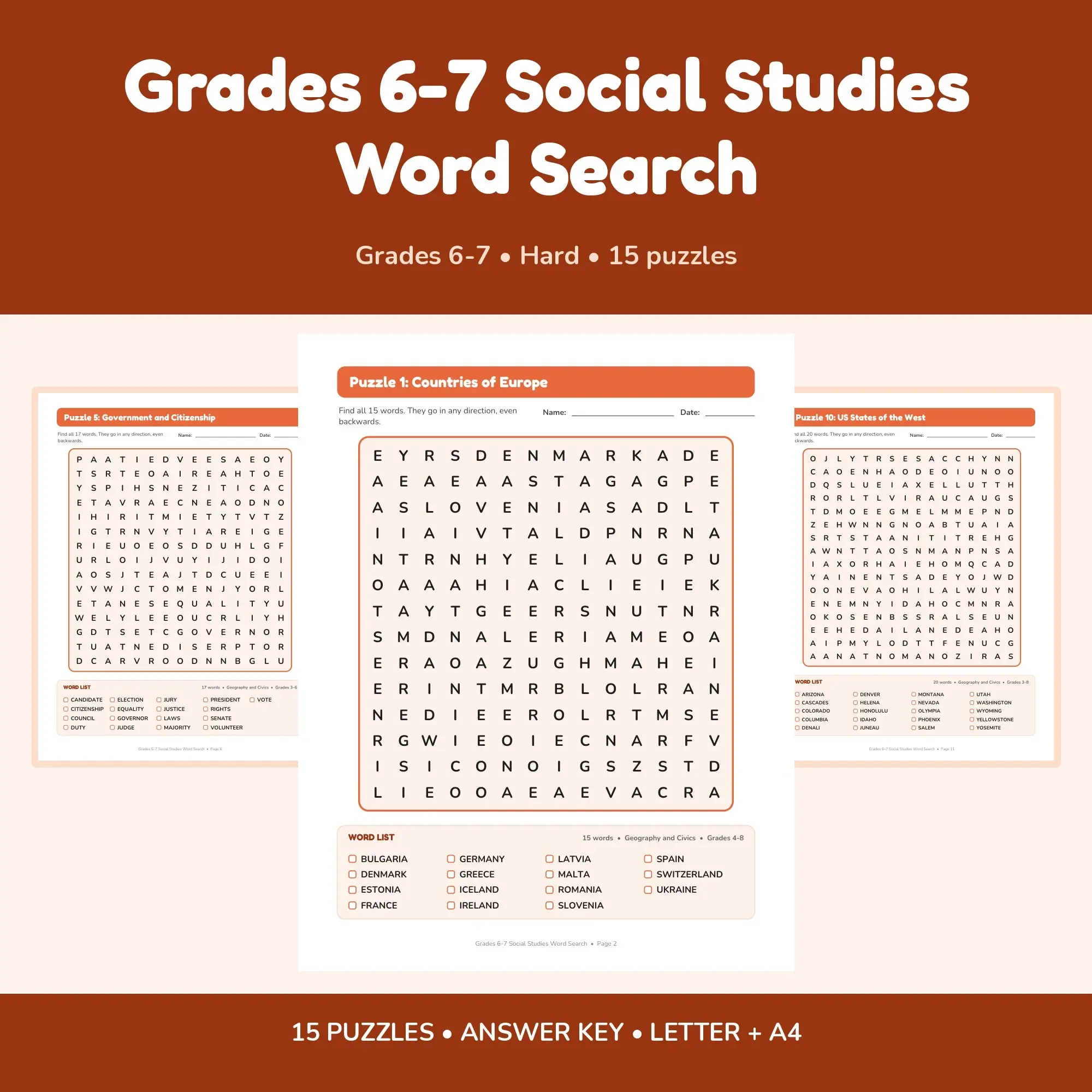 Grades 6-7 Social Studies Word Search - 15 Puzzles + Answer Key preview