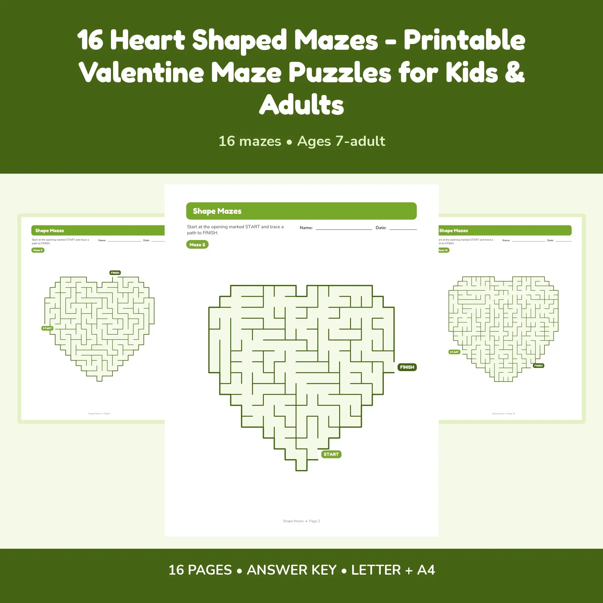 16 Heart Shaped Mazes - Printable Valentine Maze Puzzles for Kids & Adults preview