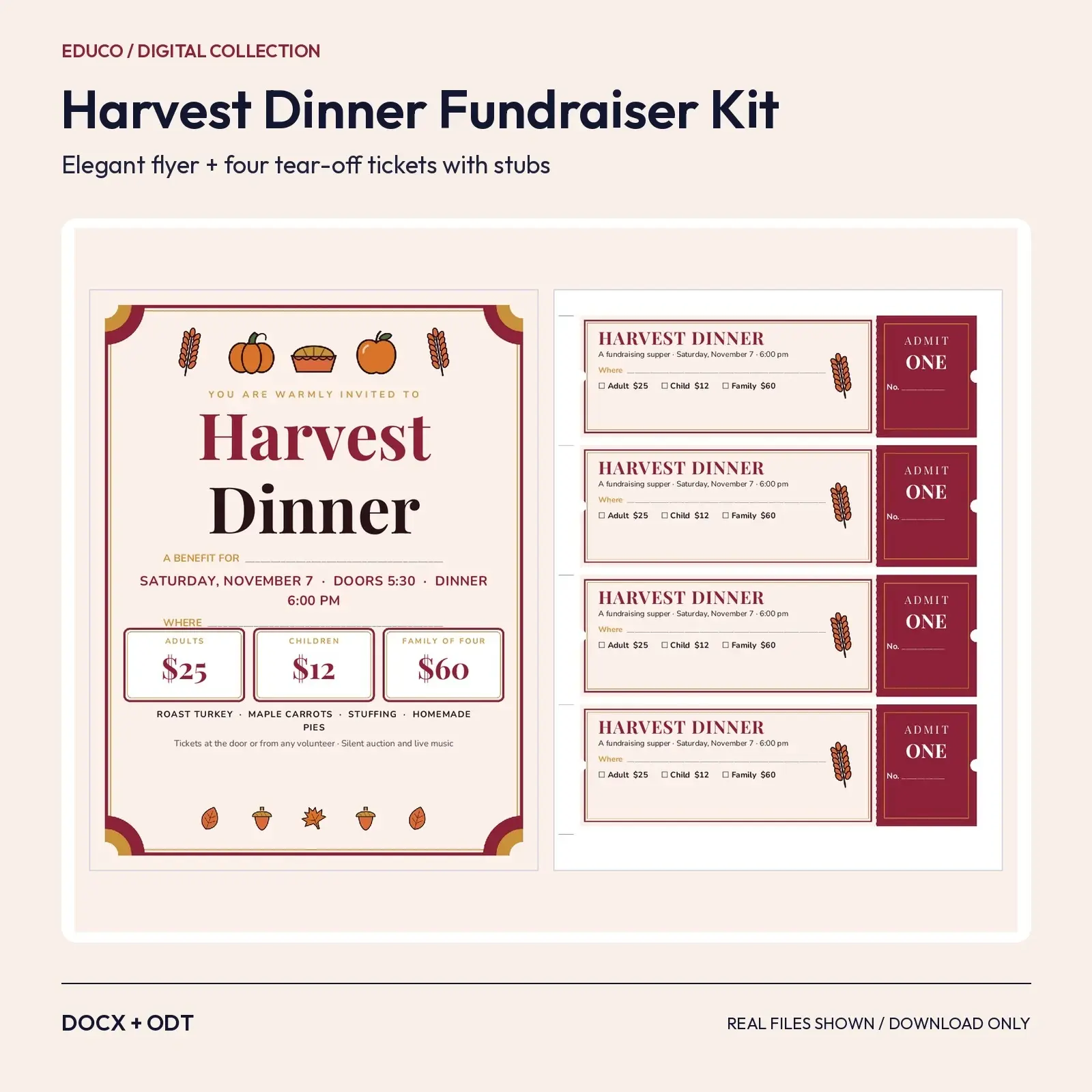 Harvest Dinner Fundraiser Flyer and Ticket Template – Elegant Cranberry and Gold, Editable DOCX and ODT preview