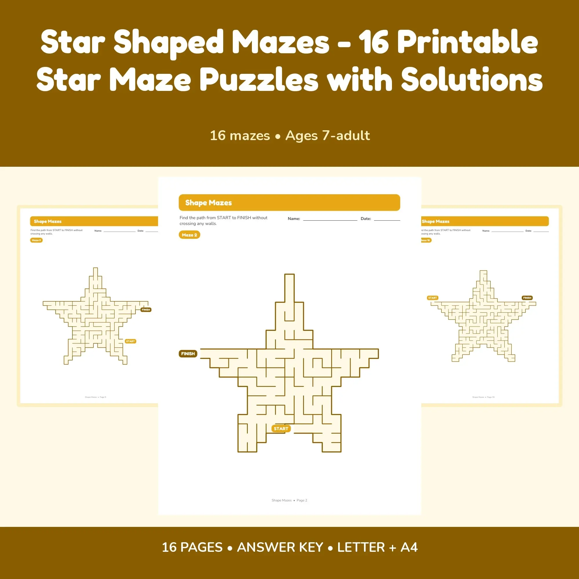 Star Shaped Mazes - 16 Printable Star Maze Puzzles with Solutions preview