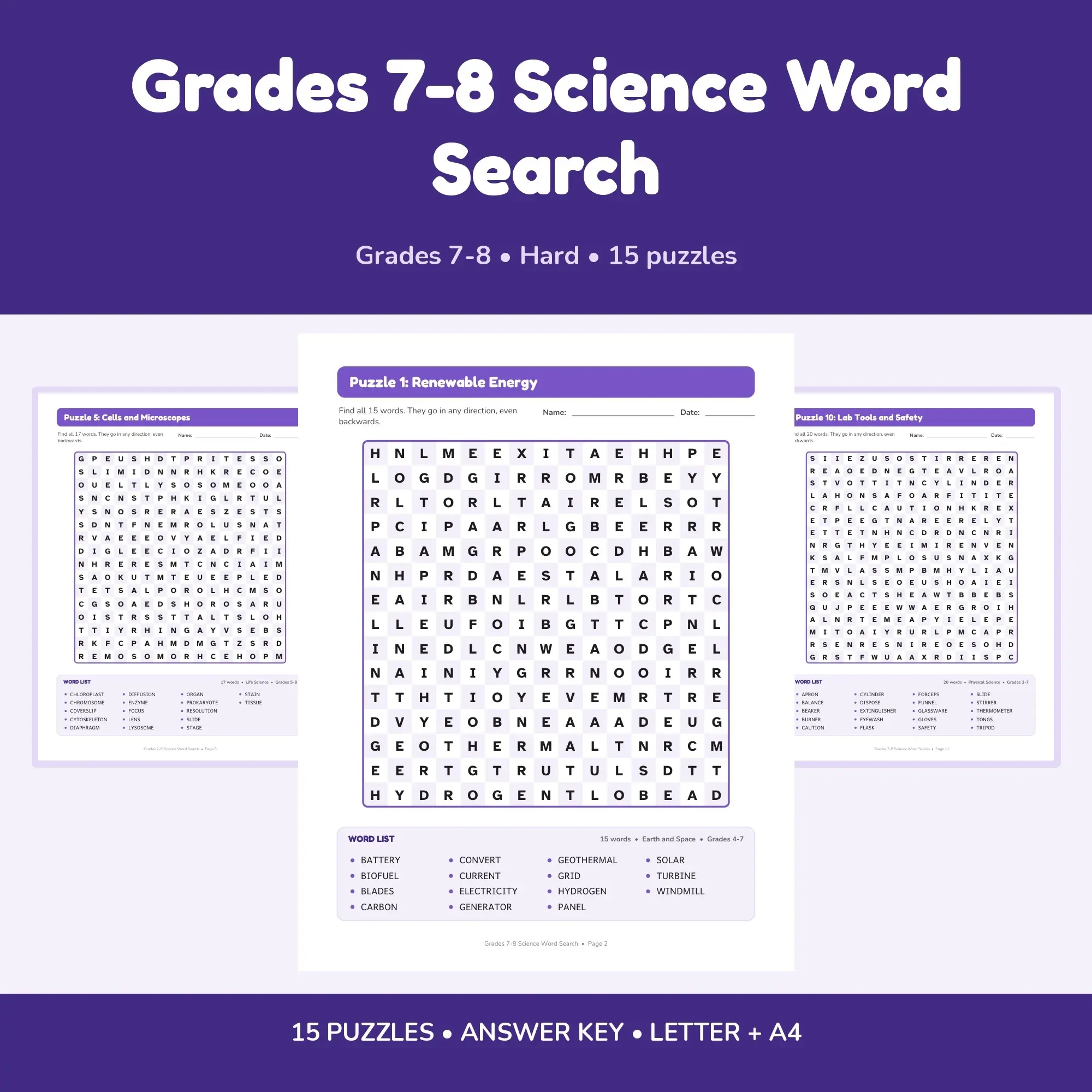 Grades 7-8 Science Word Search - 15 Puzzles + Answer Key preview