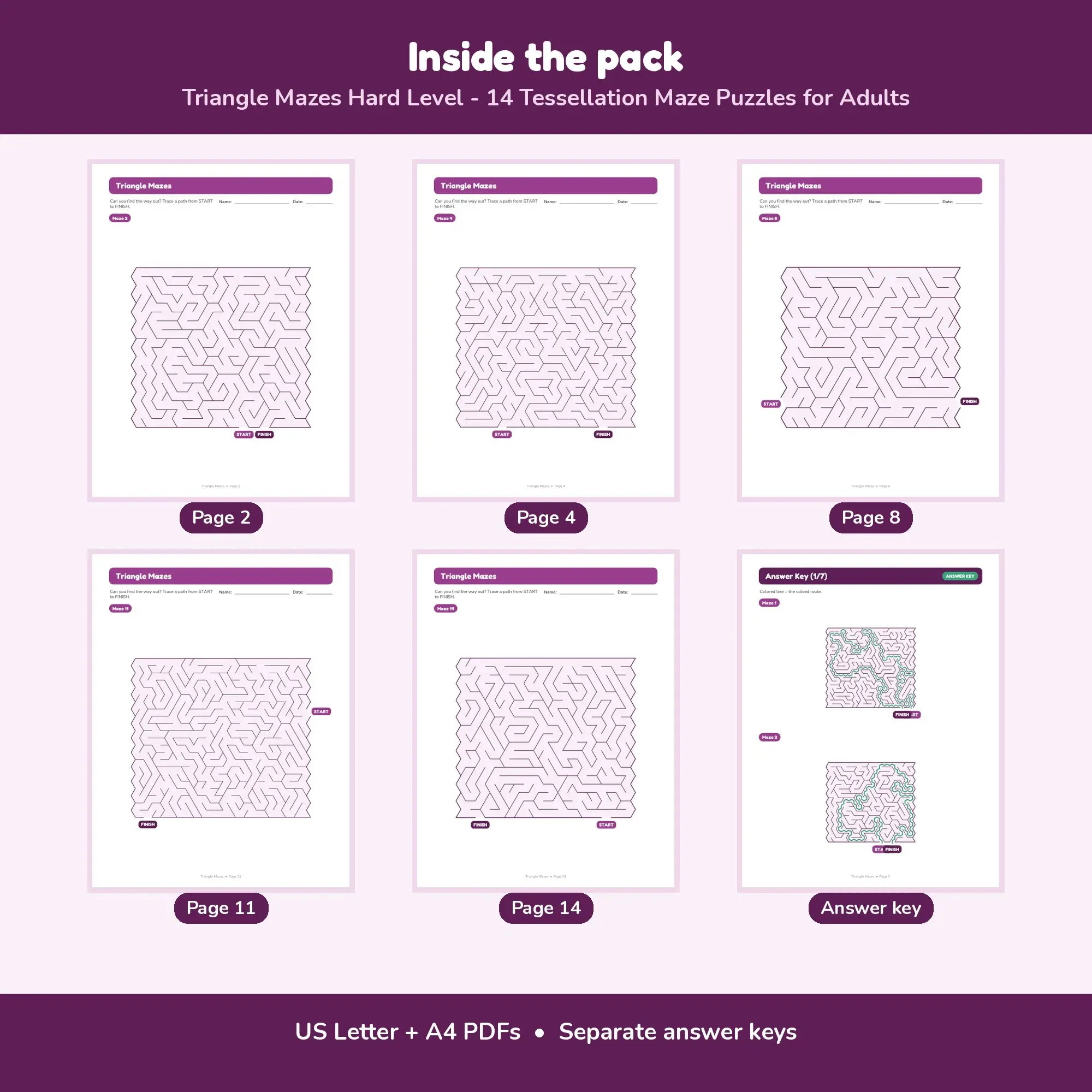 Triangle Mazes Hard Level - 14 Tessellation Maze Puzzles for Adults, preview 2 of 2