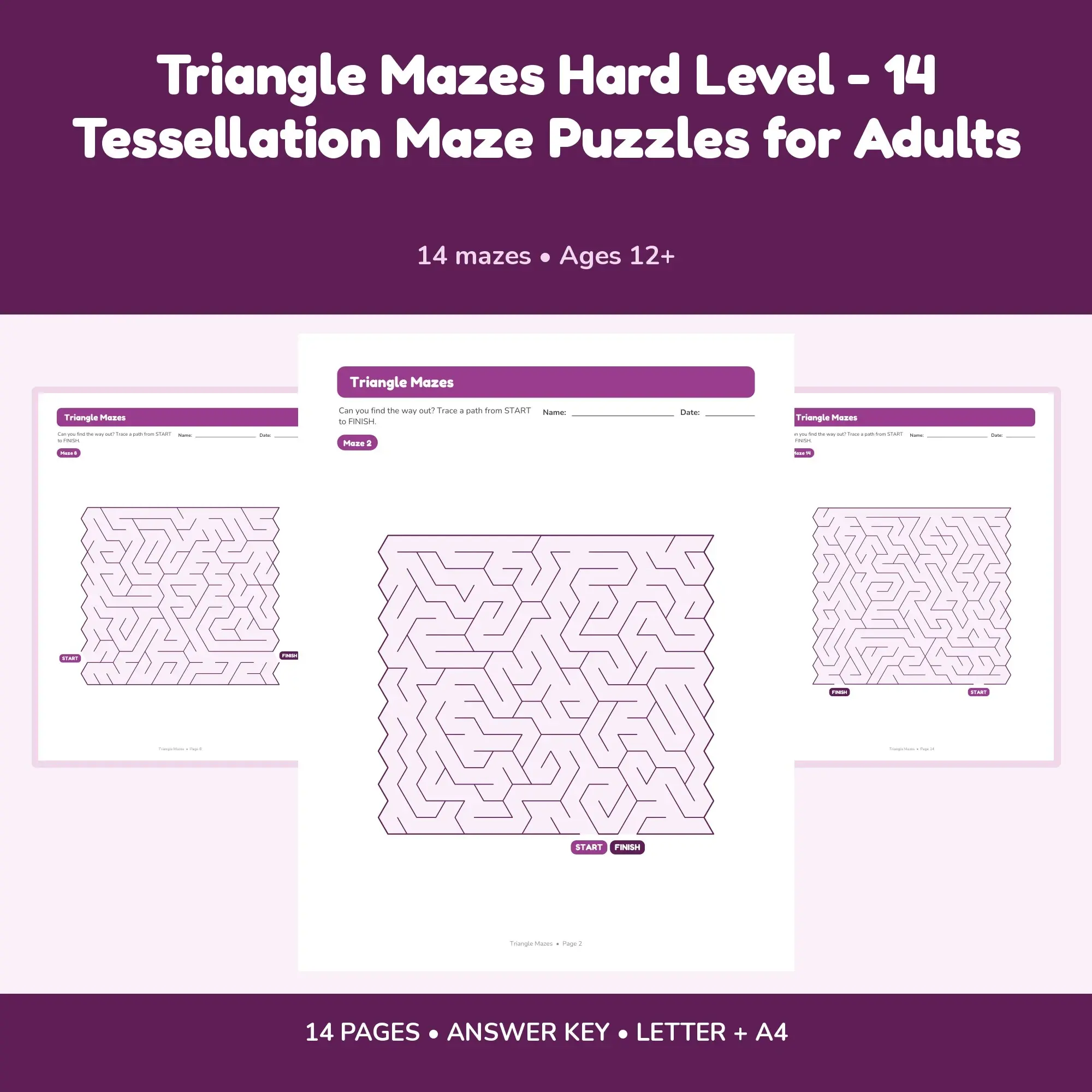 Triangle Mazes Hard Level - 14 Tessellation Maze Puzzles for Adults, preview 1 of 2