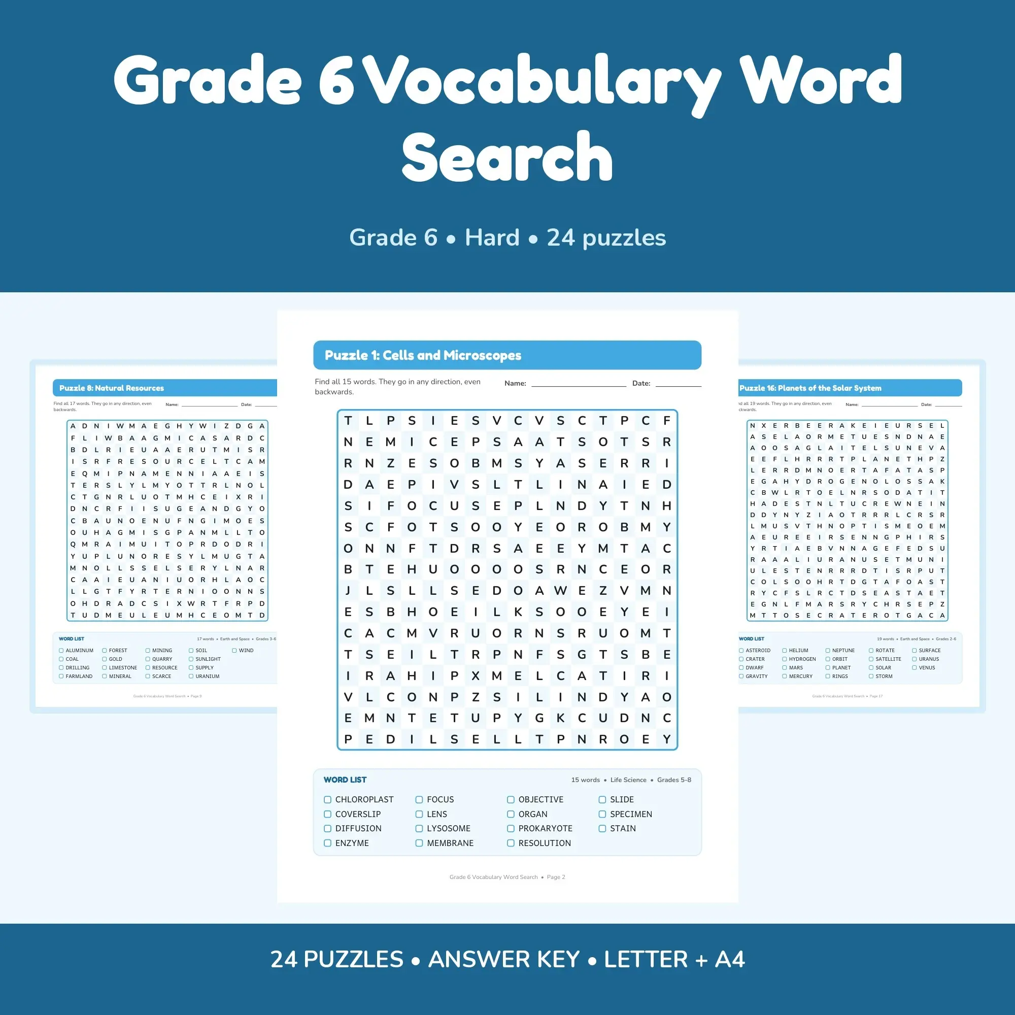 Grade 6 Vocabulary Word Search Pack - 24 Printable Puzzles with Answer Key preview