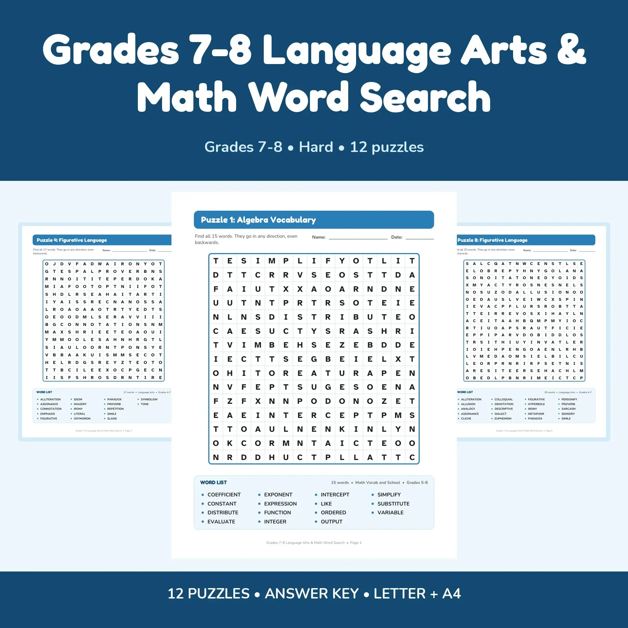 12 Grades 7-8 Language Arts & Math Word Search Puzzles - Printable PDF + Key preview