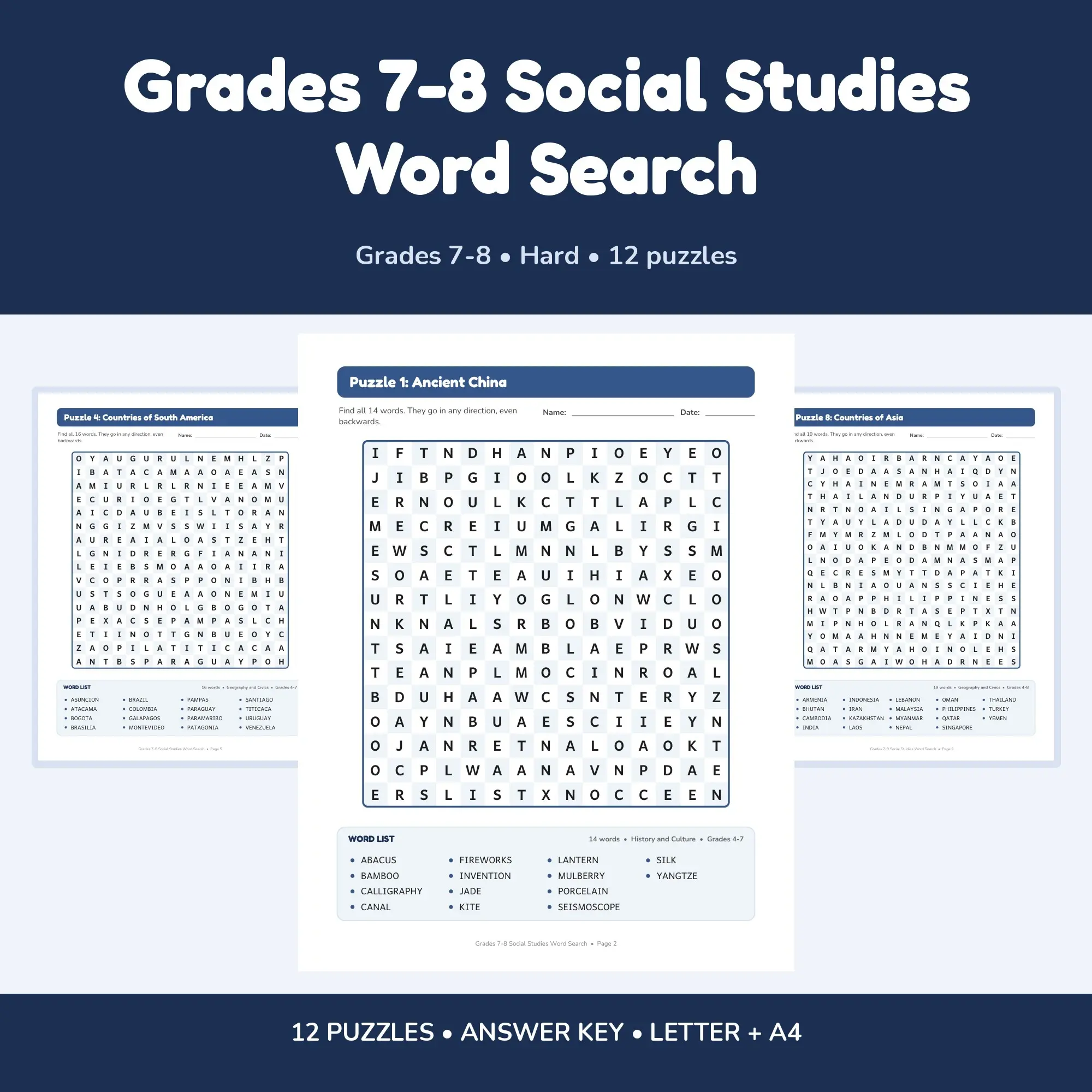 12 Grades 7-8 Social Studies Word Search Puzzles - Printable PDF + Key preview