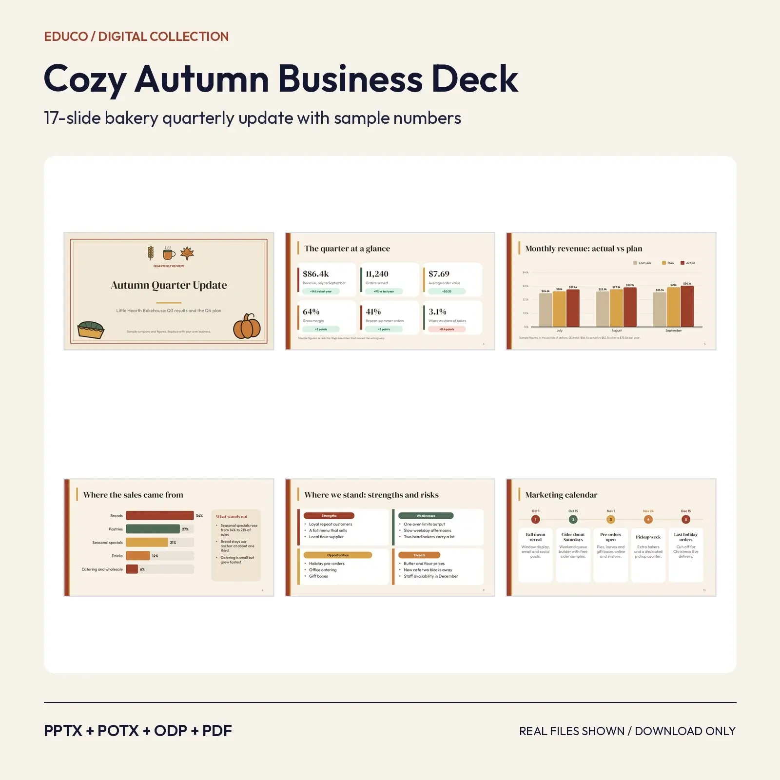 Cozy Autumn Business Deck – Bakery Quarterly Update Presentation Template, 17 Slides preview